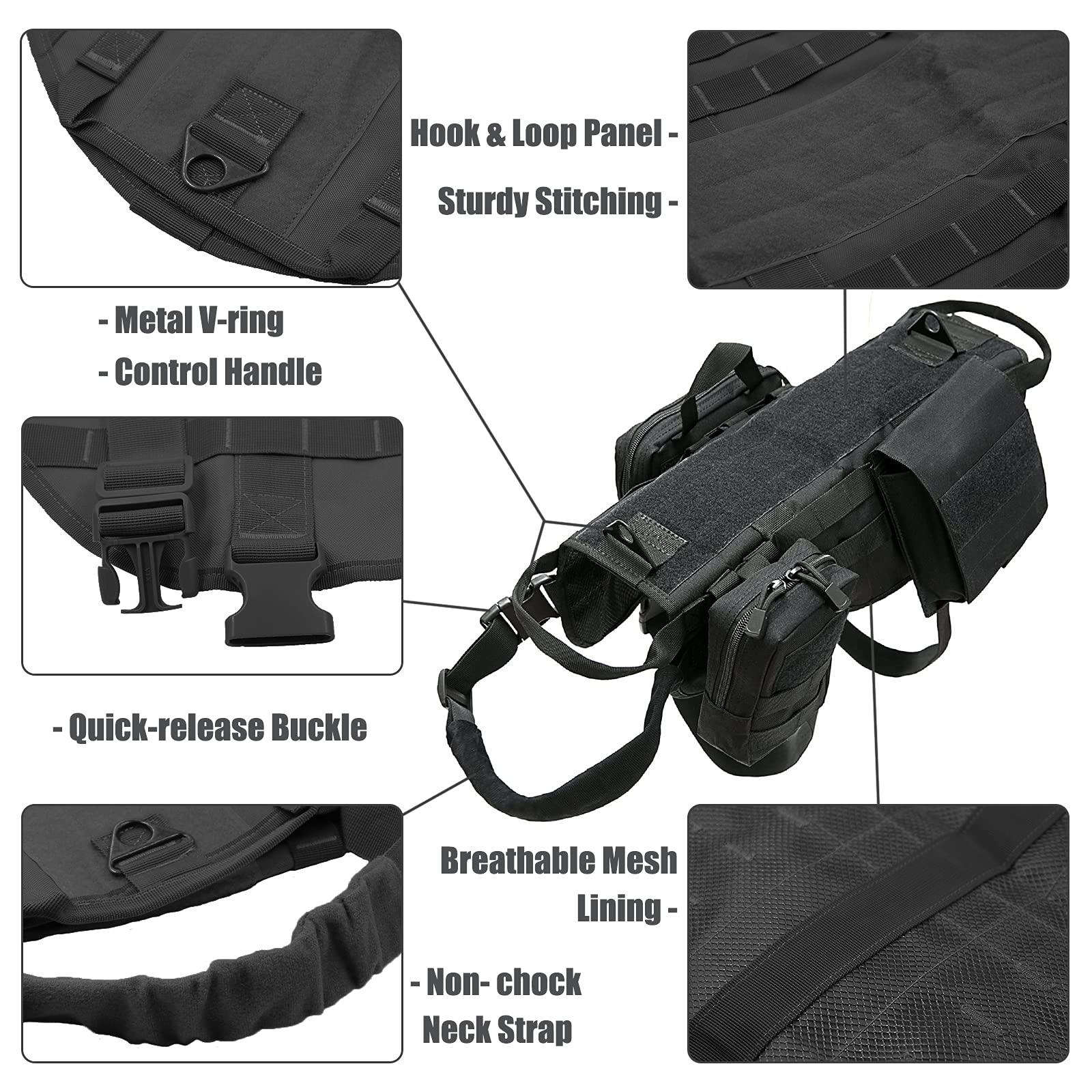 Aiwai Tactical Dog Harness With Pouches,Dog Vest Harness For Large Medium Dogs With Hook & Loop Panels,Adjustable Military Dog H