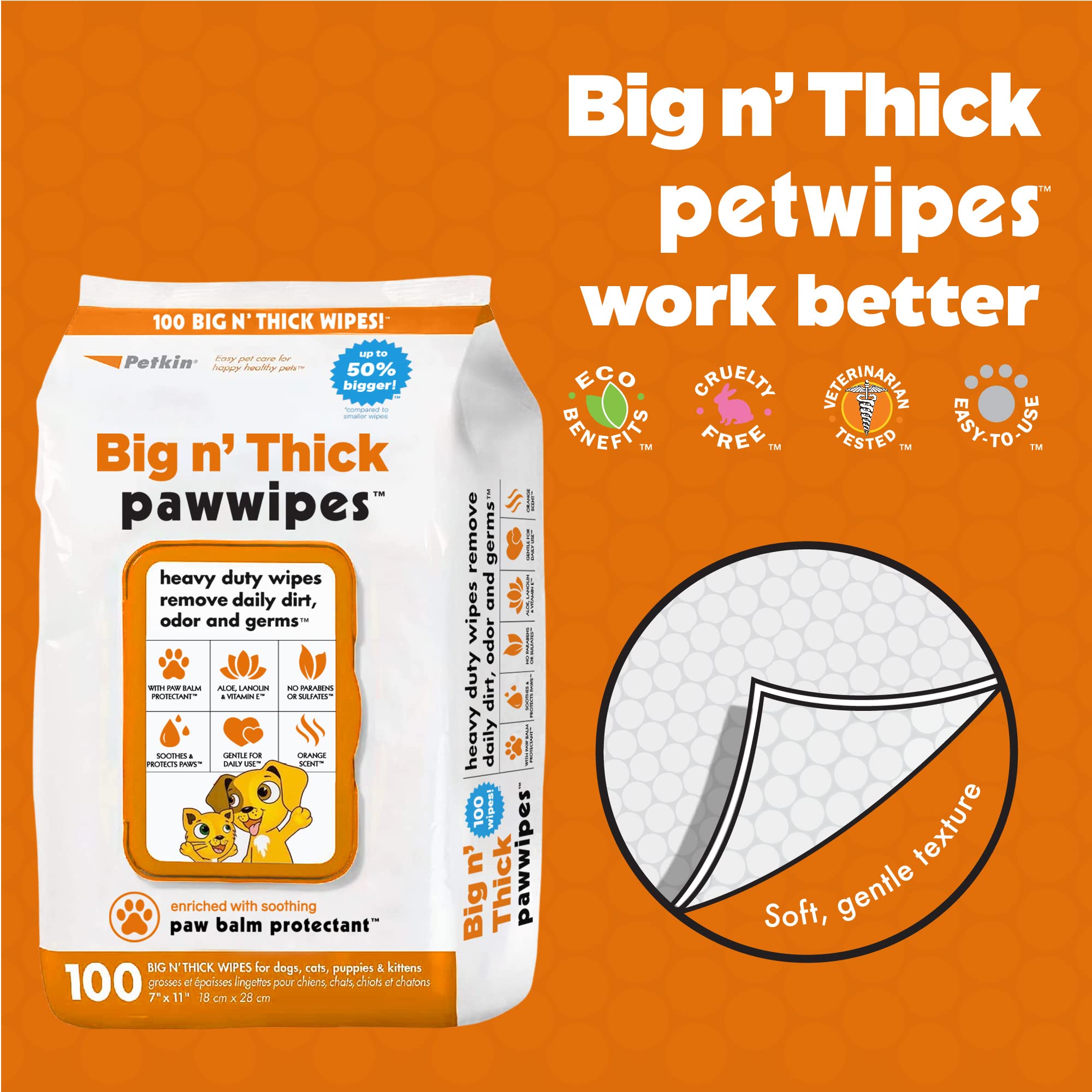 Petkin Big N' Thick Paw Wipes For Dogs, 100 Large Wipes - Clean Dirty Paws After Muddy Walks, With Paw Balm Protectant - Keep Fl