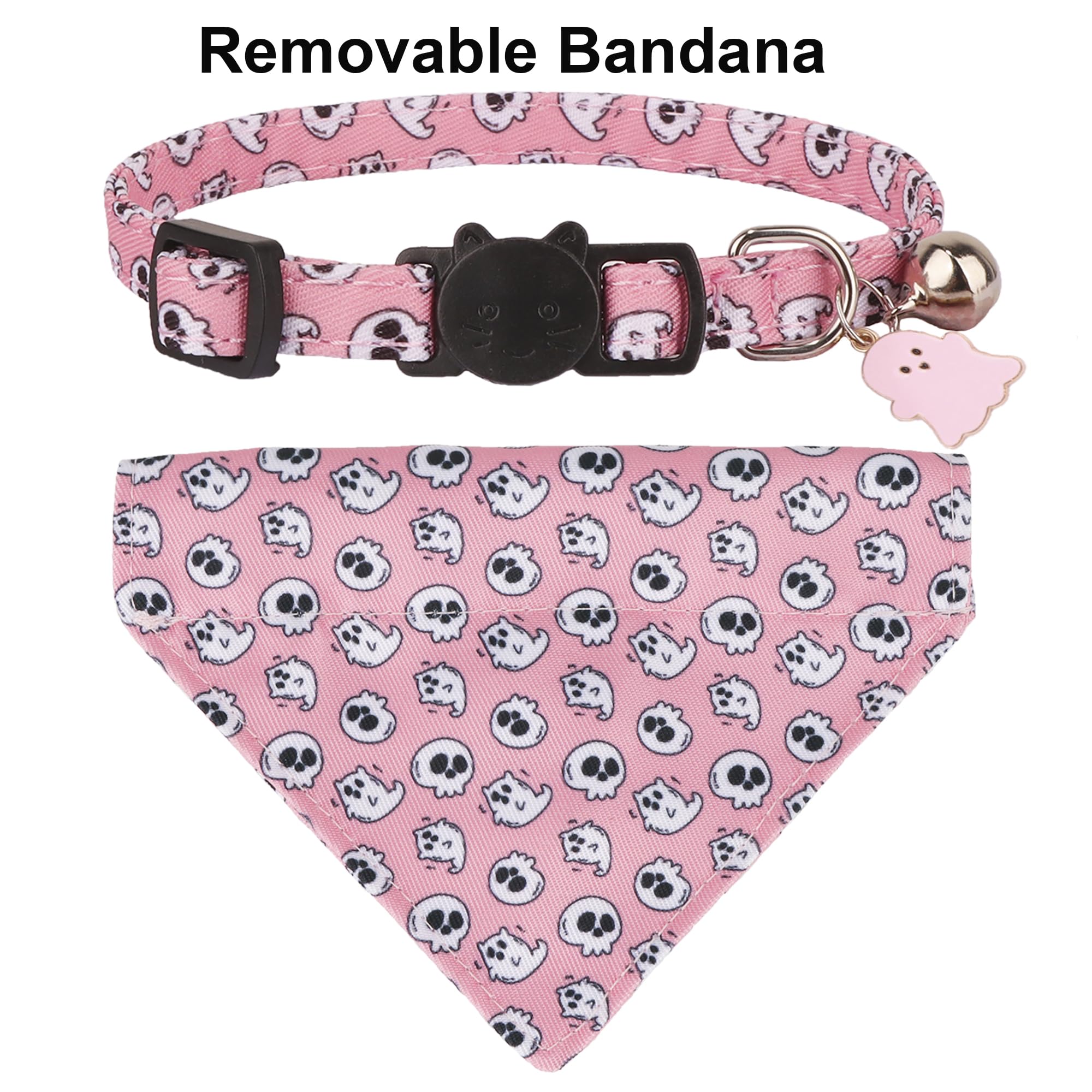 Adoggygo Pink Halloween Cat Collar With Bowtie Bell, 2 Pack Halloween Kitten Collar With Removable Bow, Pink Skull Ghost Collars