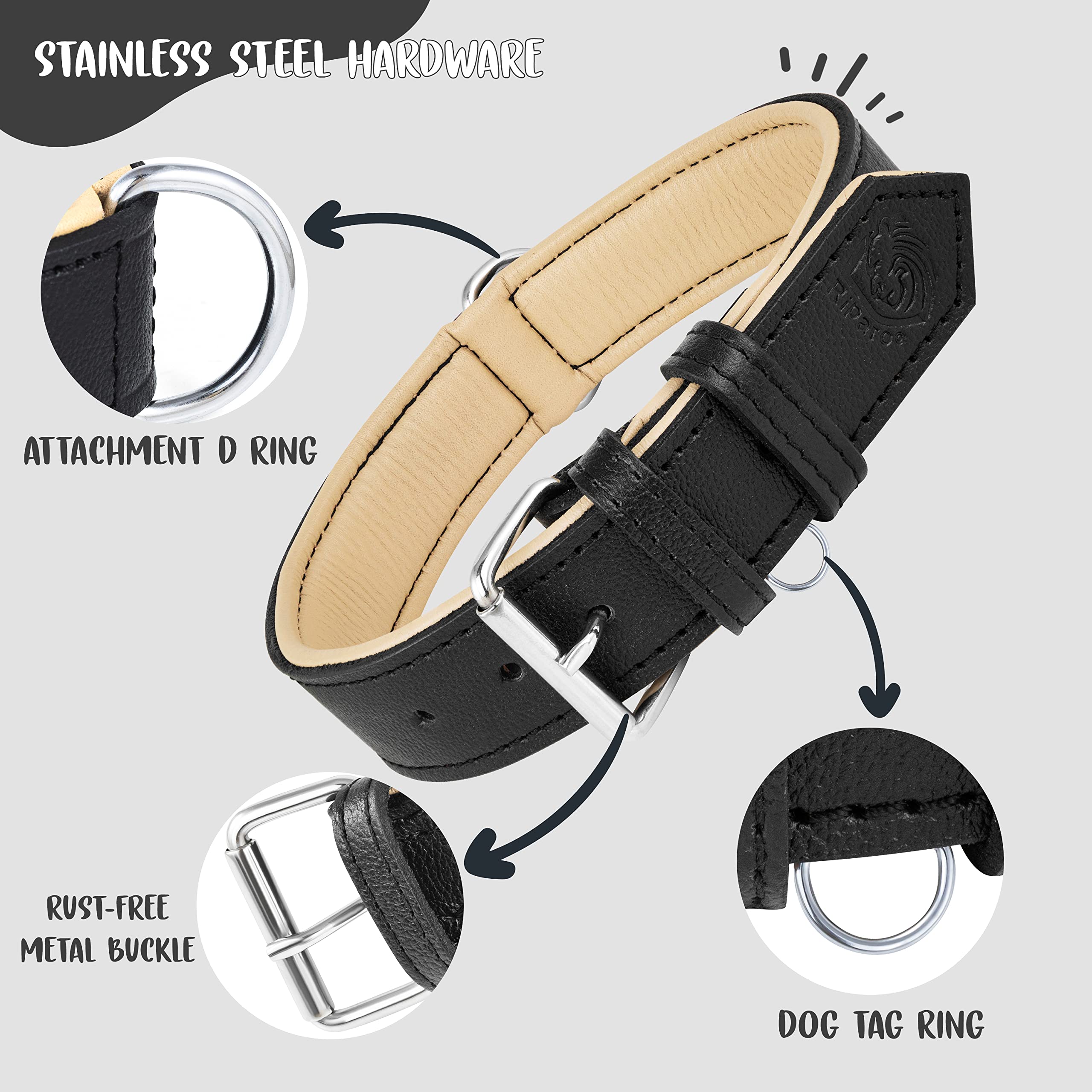 Riparo Leather Dog Collar - Heavy Duty Wide Dog Collar For Small, Medium, Large And Extra Large Dogs With Dog Tag Holder (L: 1.5