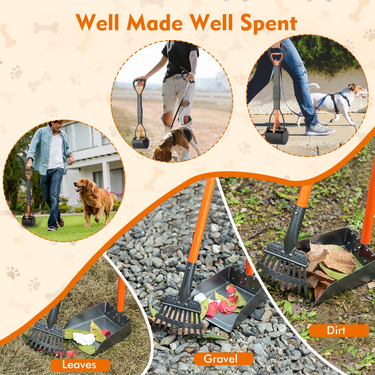 Wlqiu 28'' Pooper Scooper And 38'' Heavy Duty Stainless Steel Rake & Tray Set, 3 In 1 Portable Dog Pooper Scooper Set For Large