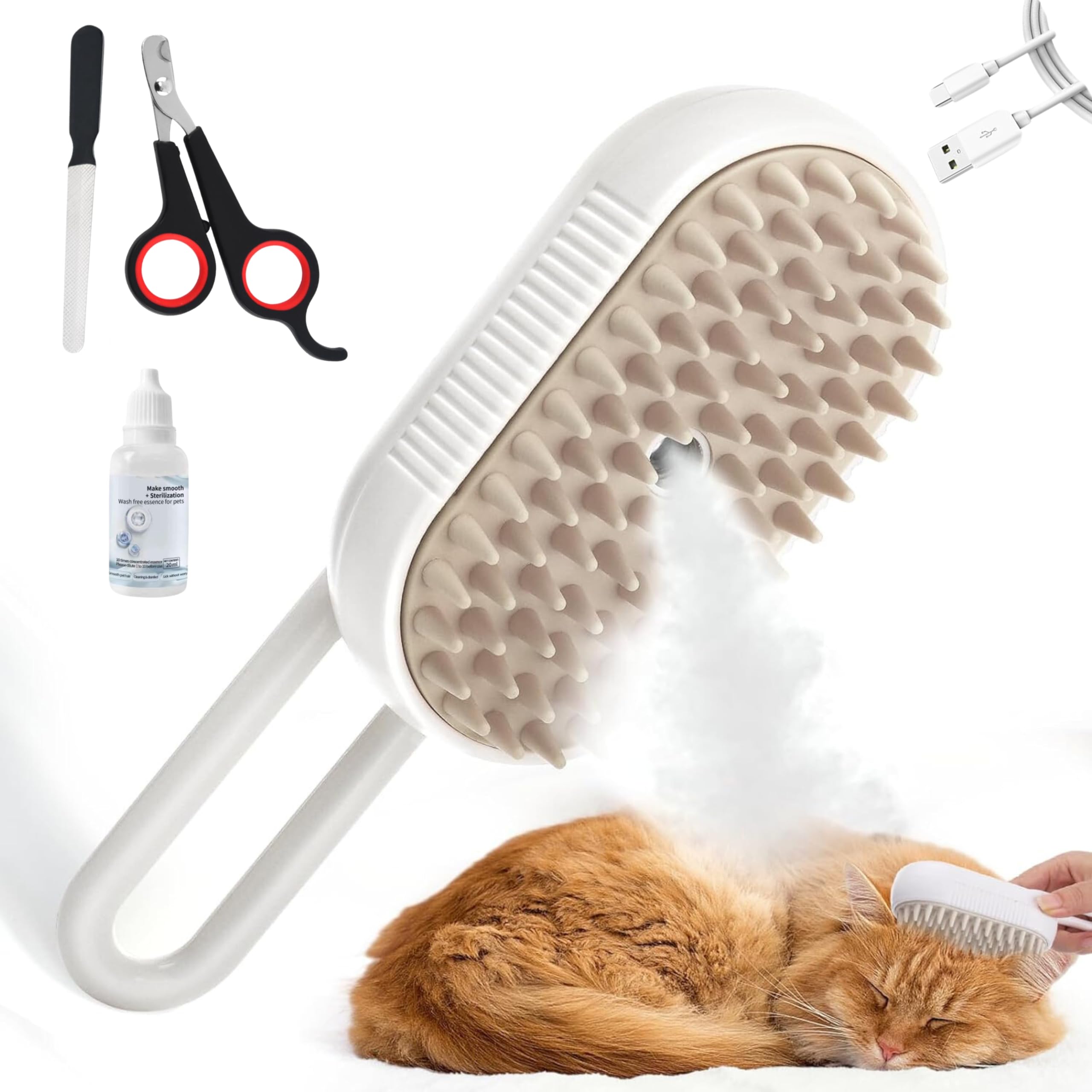 Mawt Cat Steam Brush - 5 In1 Grooming Kit For Cats And Dogs Silicone Massage Tool - Stainless Steel Nail Scissors - Hair Detangl