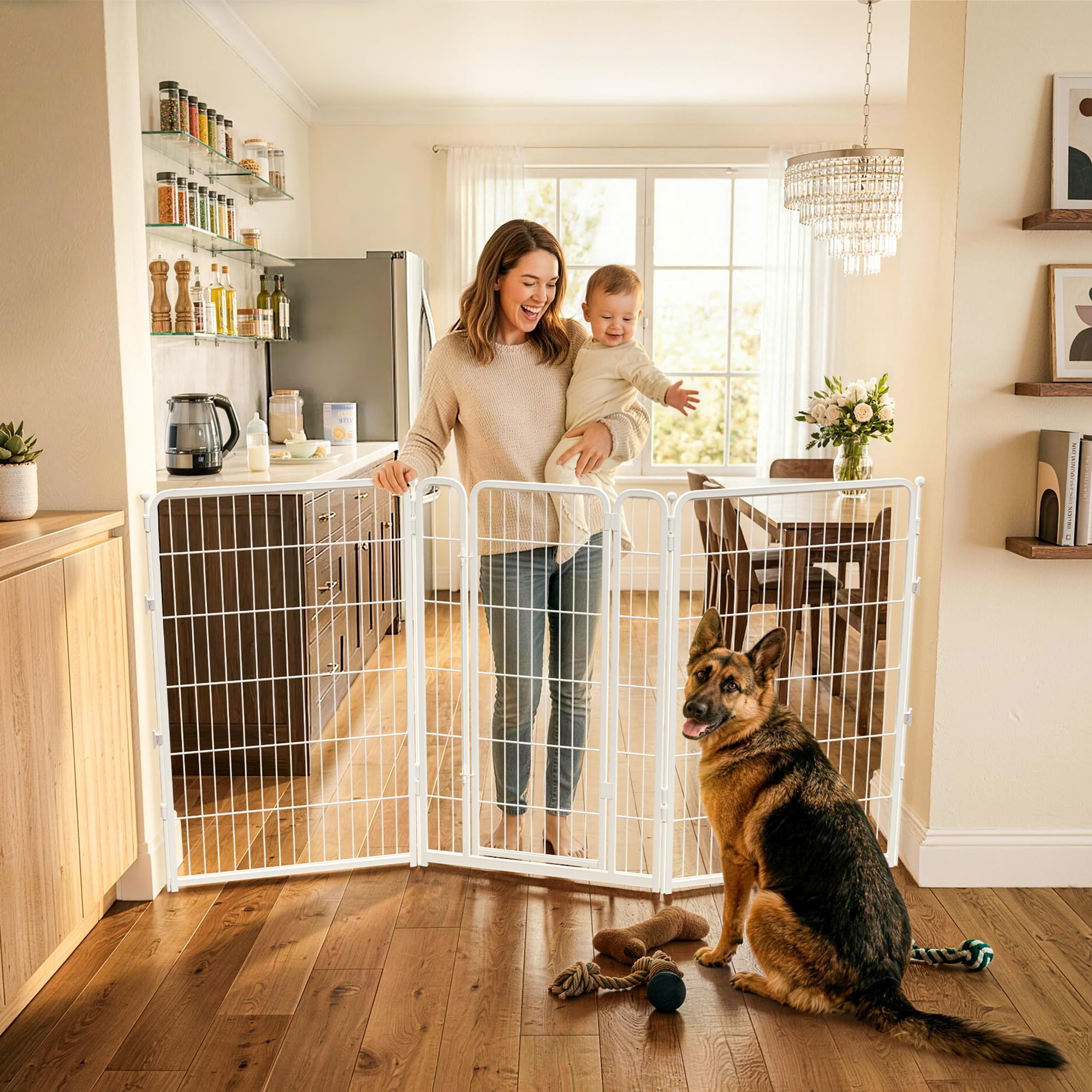 FXW Dog Gate Extra Wide Designed for Indoor Use, Adjustable Width Up to 83-inch Wide (45 H 3 Wire Panels for Large Dogs), White