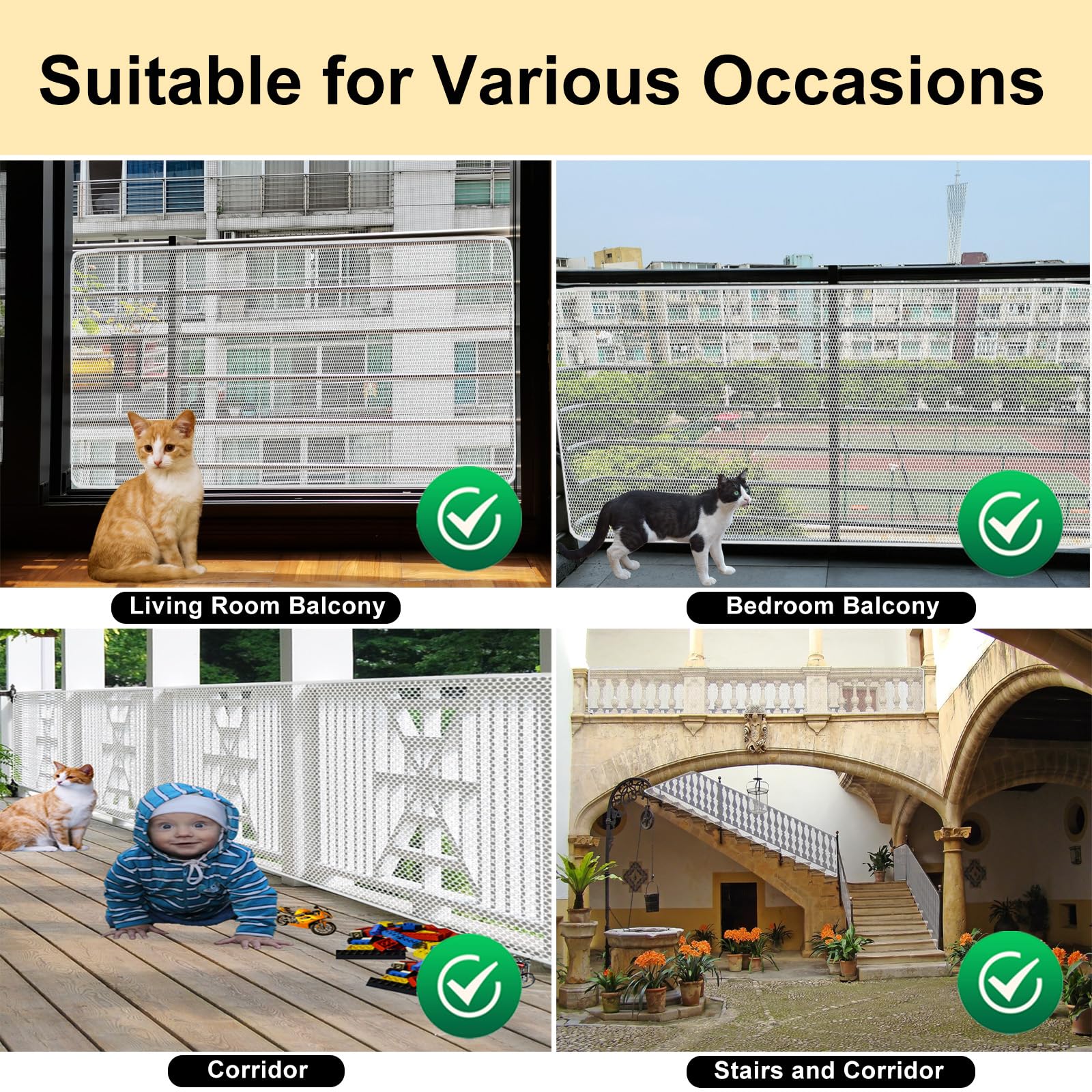 Banister Guard-15ft x 3ft Thick Safety Net for Kids, Pets Balcony Rails, Apartment Cat Stair Guard (White)