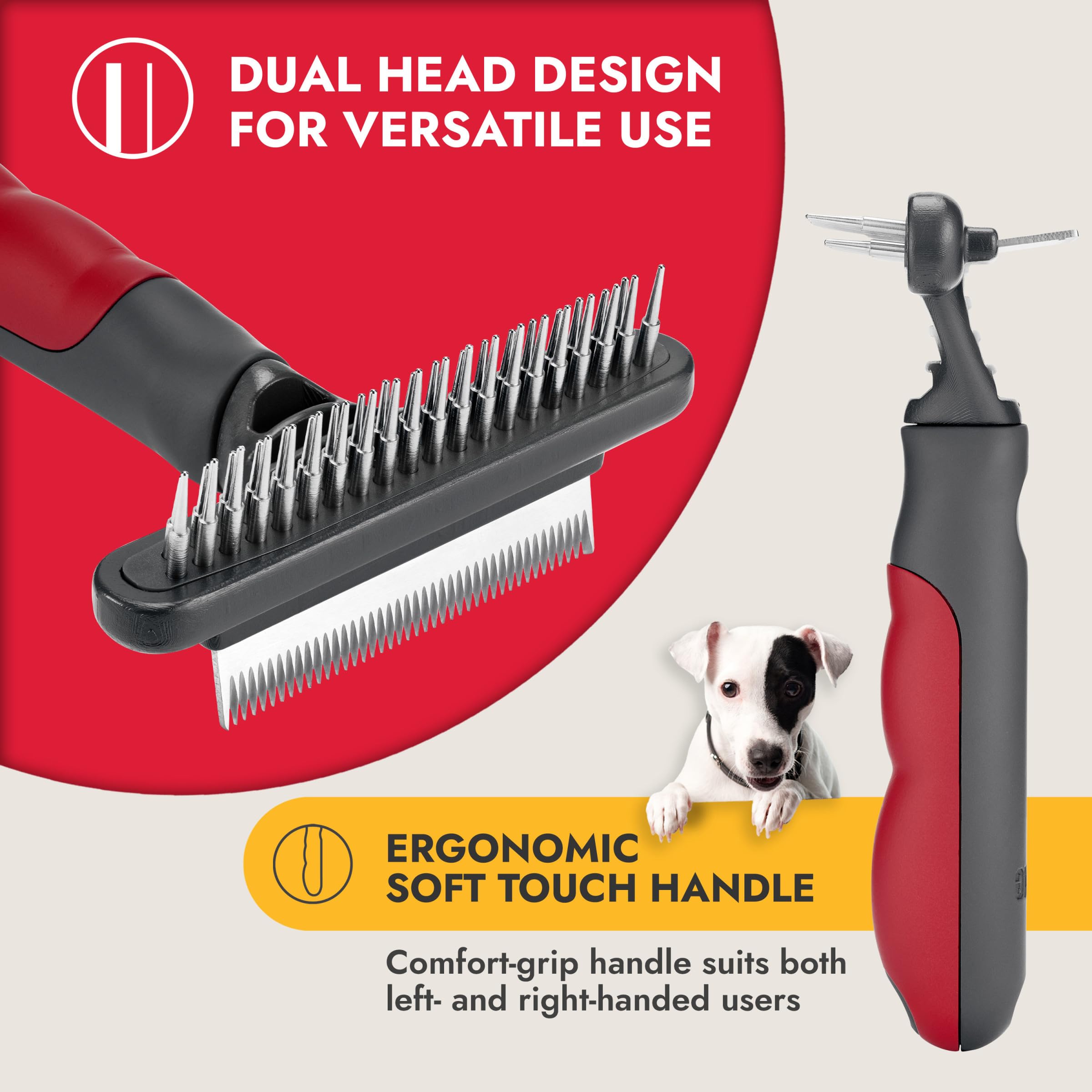 KONG Double-Sided Rake & Deshedding Tool - Detangling & Shedding Control, Rounded Metal Tips, Non-Slip Grip, for Medium to Large
