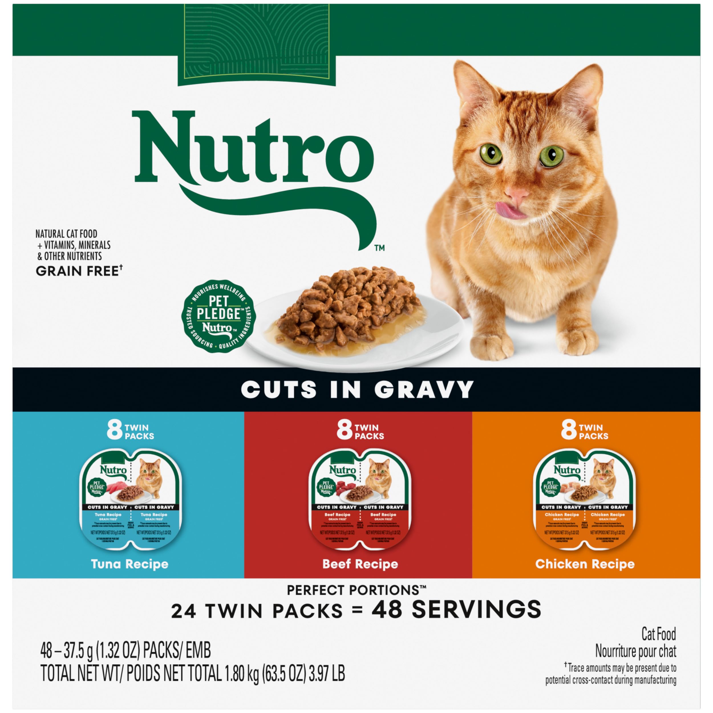 NUTRO Grain Free Natural Wet Cat Food Cuts in Gravy Beef Recipe, Tuna Recipe, and Chicken Recipe Variety Pack, 2.64 oz. PERFECT