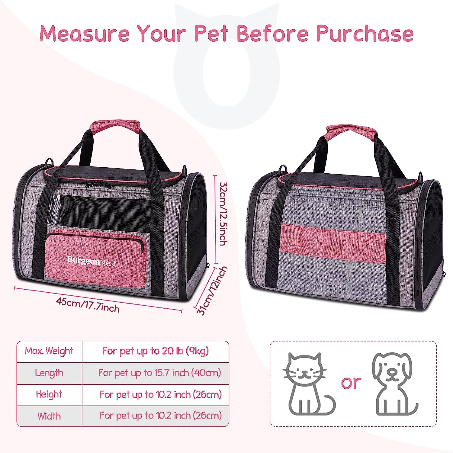 BurgeonNest Cat Carriers for Medium Puppy Under 25 lbs, Pet Carrier for Cats with Unique Side Bag,Top Load Small Pet Bag Soft-Si