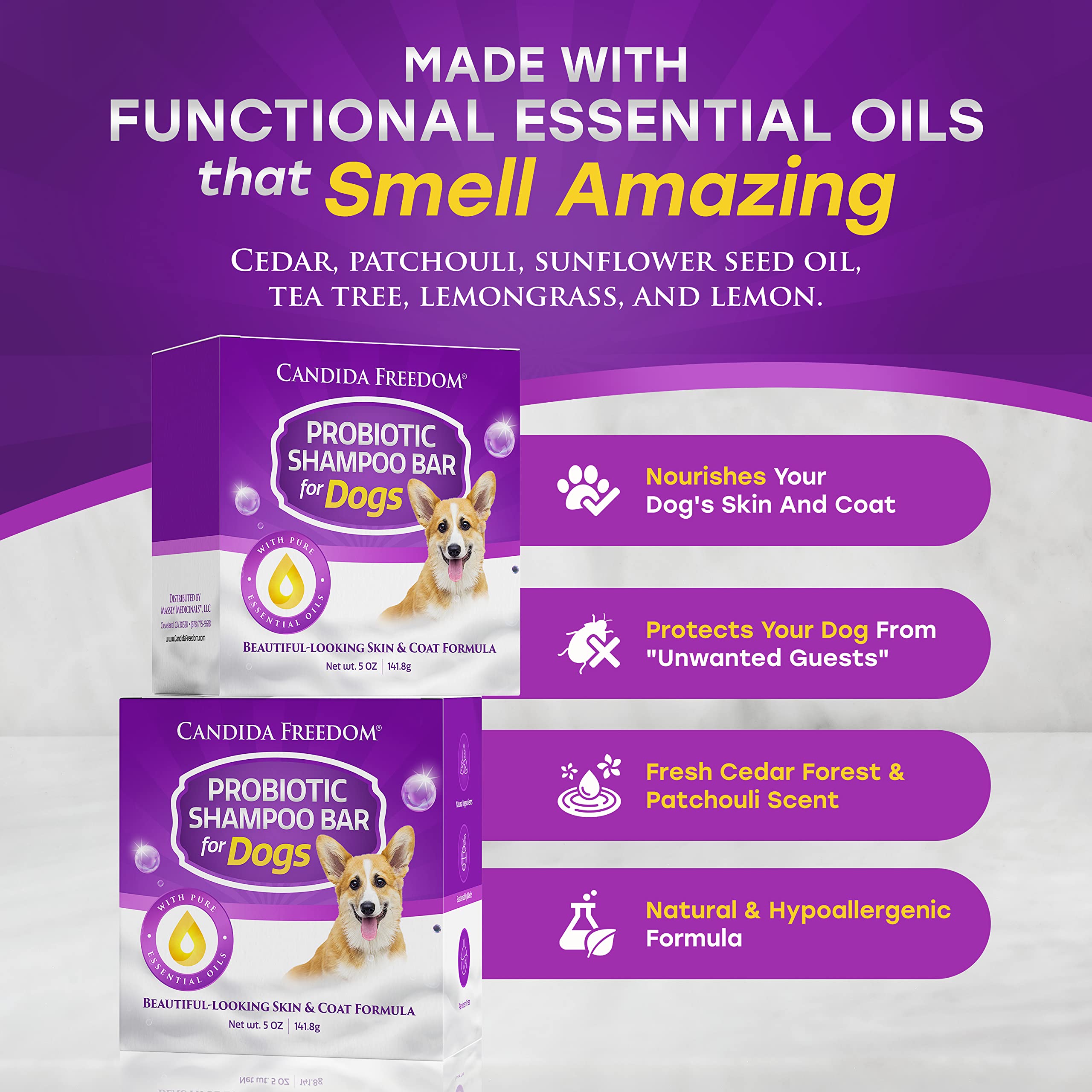 Masseys Natural Dog Shampoo Bar With Probiotics And Essential Oils, Ease Itchiness - Cedar Forest And Patchouli Scent - Full 5 O