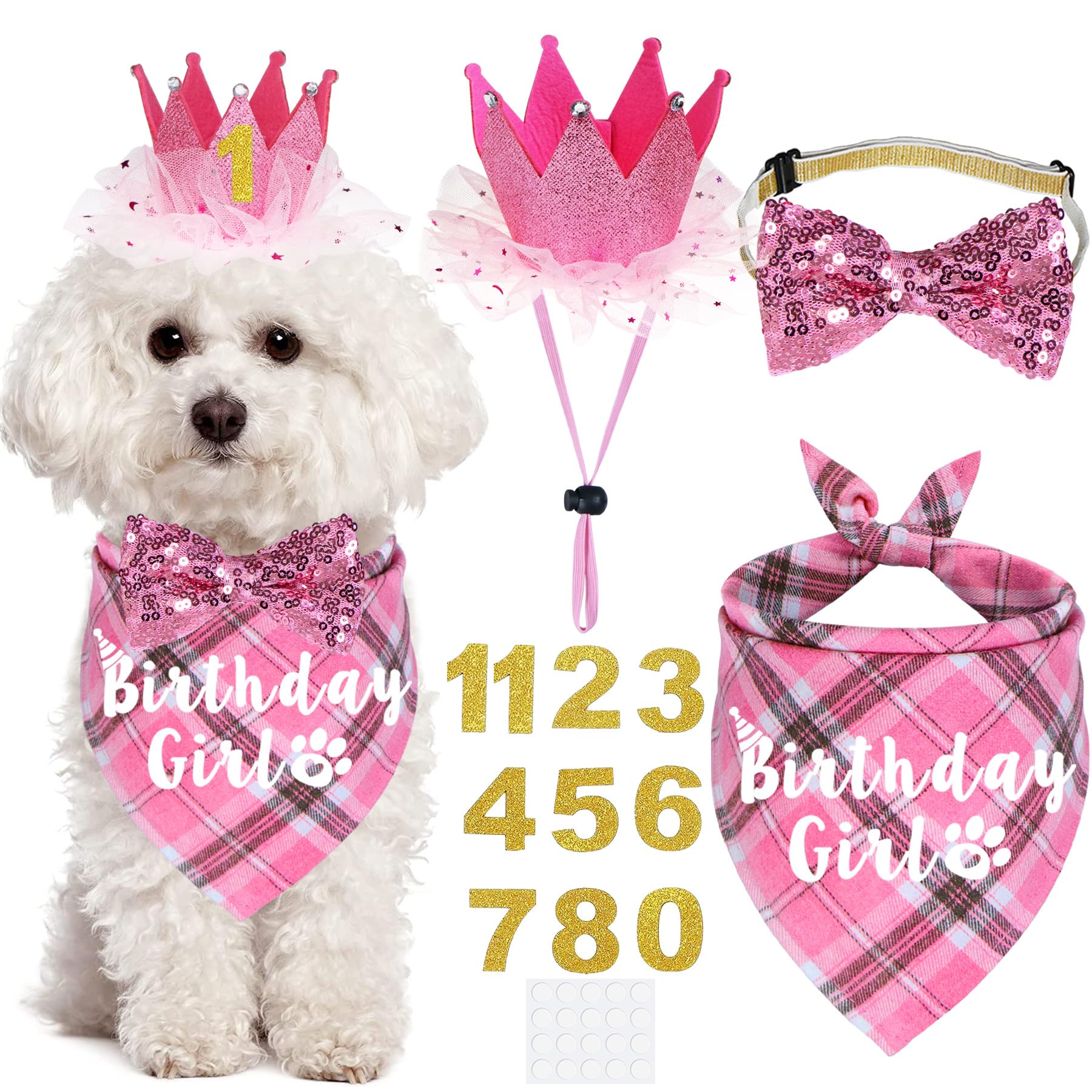 JOTFA Dog Birthday Party Supplies, Multi Sizes Dog Birthday Bandana Girl Dog Birthday Hat Crown with Birthday Numbers Bow Tie fo