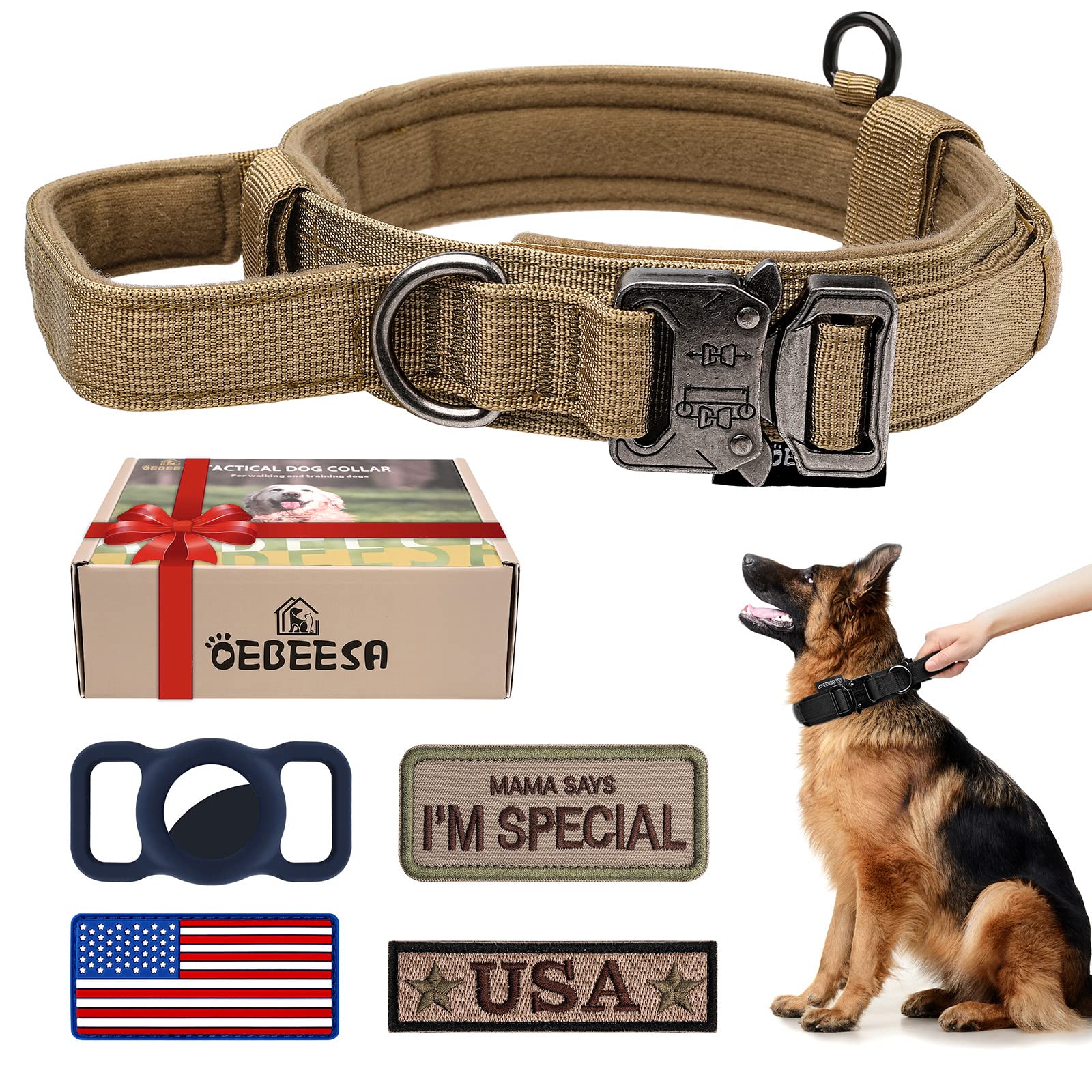 OEBEESA Tactical Dog Collar Adjustable Military Collar: - Nylon K9 Collars with Handle and Heavy Duty Metal Buckle for Medium Do
