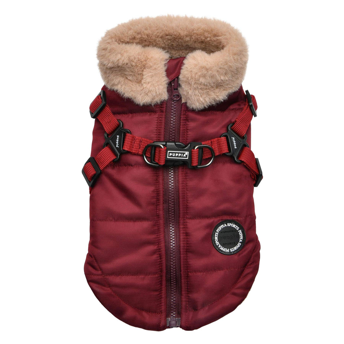 Puppia Donavan Winter Dog Coat With Integrated Harness No Pull Cold Weather Waterproof Warm Fleece Back Zipper For Small & Medium Dog, Wine, Small