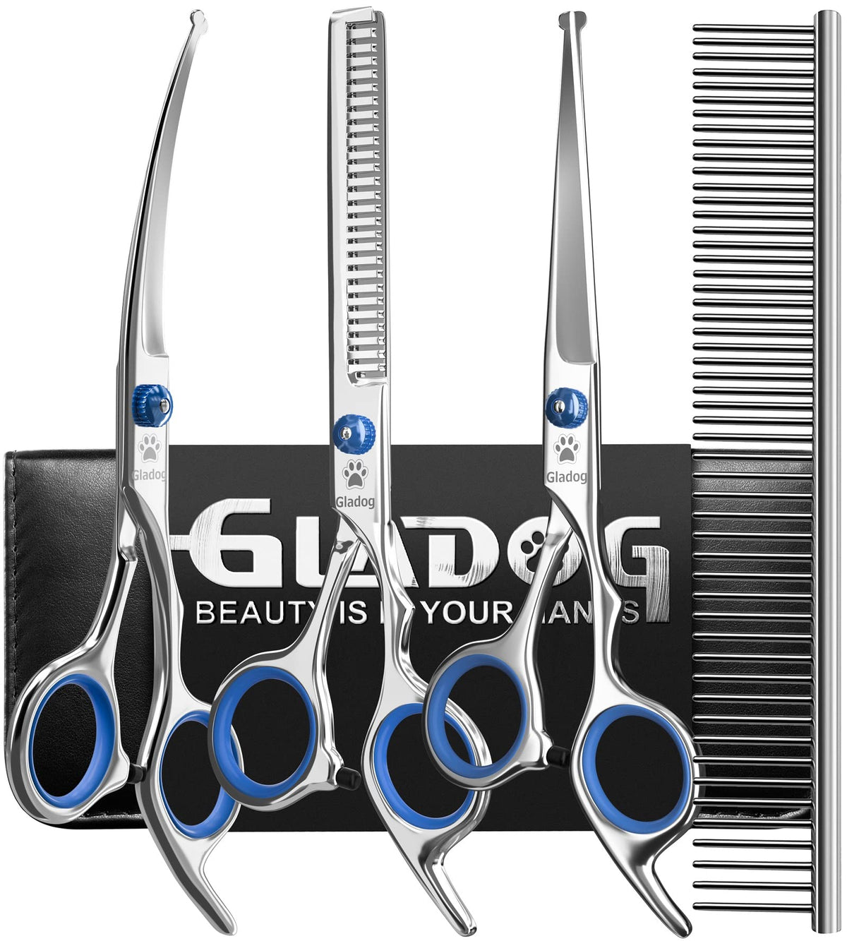 Gladog Professional 5 In 1 Dog Grooming Scissors Set With Safety Round Tips, Sharp And Durable Pet Grooming Shears For Cats