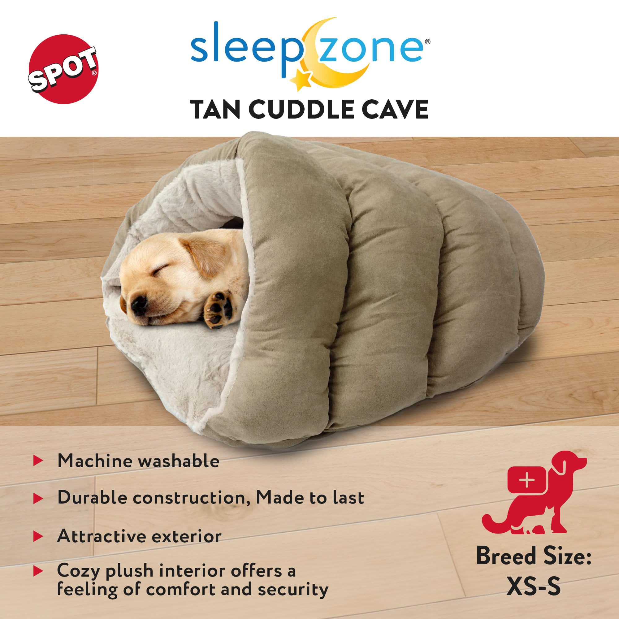 Spot Sleep Zone Cuddle Cave - Cat Cave Bed For Indoor Cats And Mini Dogs, Durable, Comfortable, Washable For Kittens And Puppies Under 10 Lbs And 12 Inches Long, Tan Color