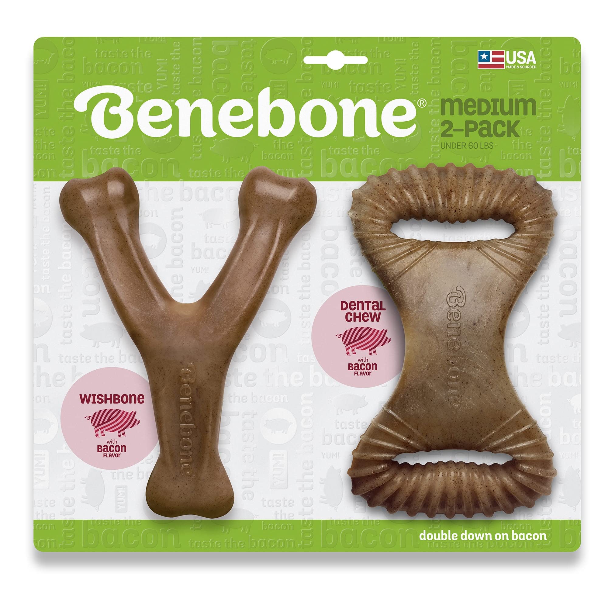 Benebone Medium 2-Pack W/ Wishbone & Dental Chew Bacon Flavor Dog Chew Toys