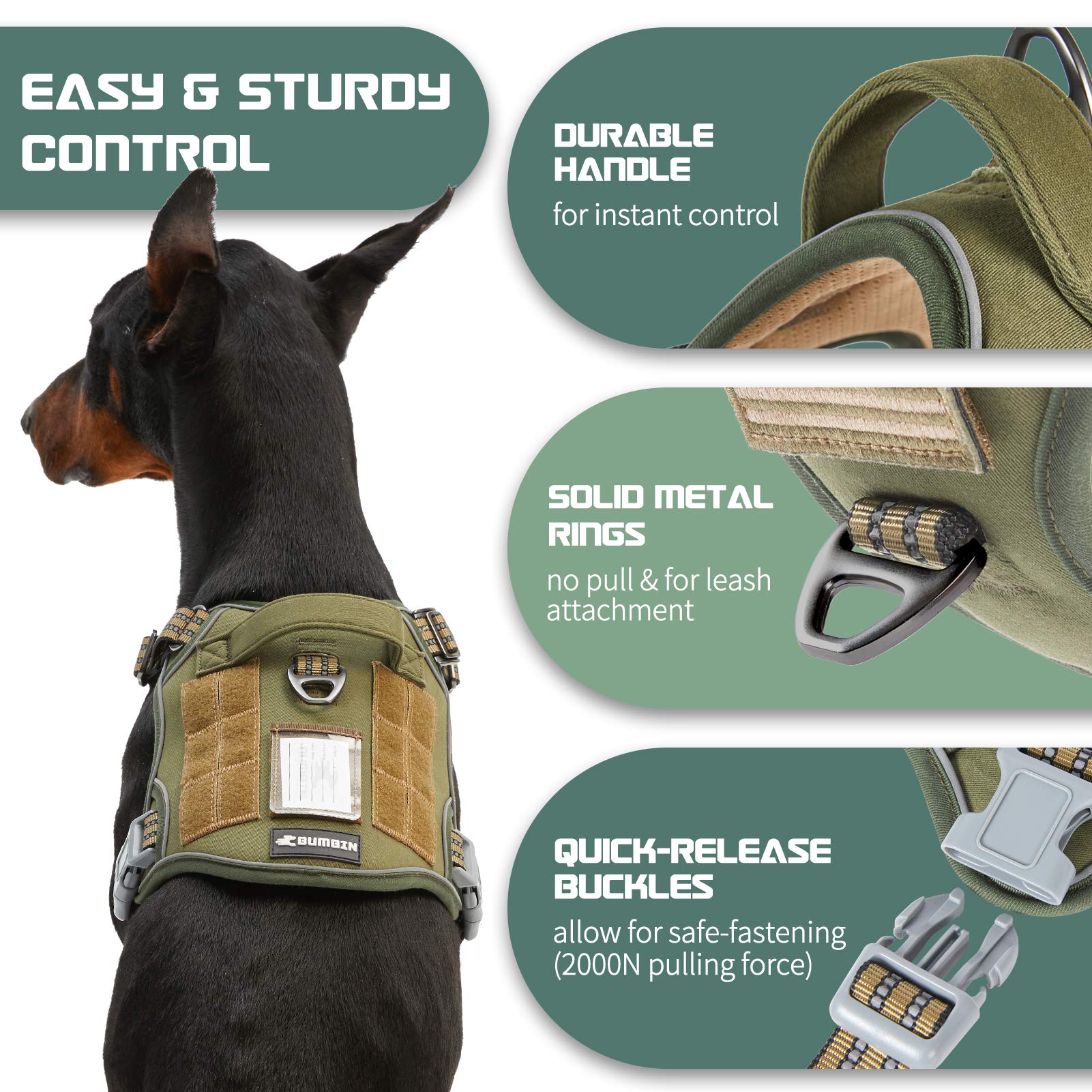 BUMBIN Tactical Dog Harness for Large Dogs, No Pull, Adjustable XL, Green, Reflective, Training Vest with Handle
