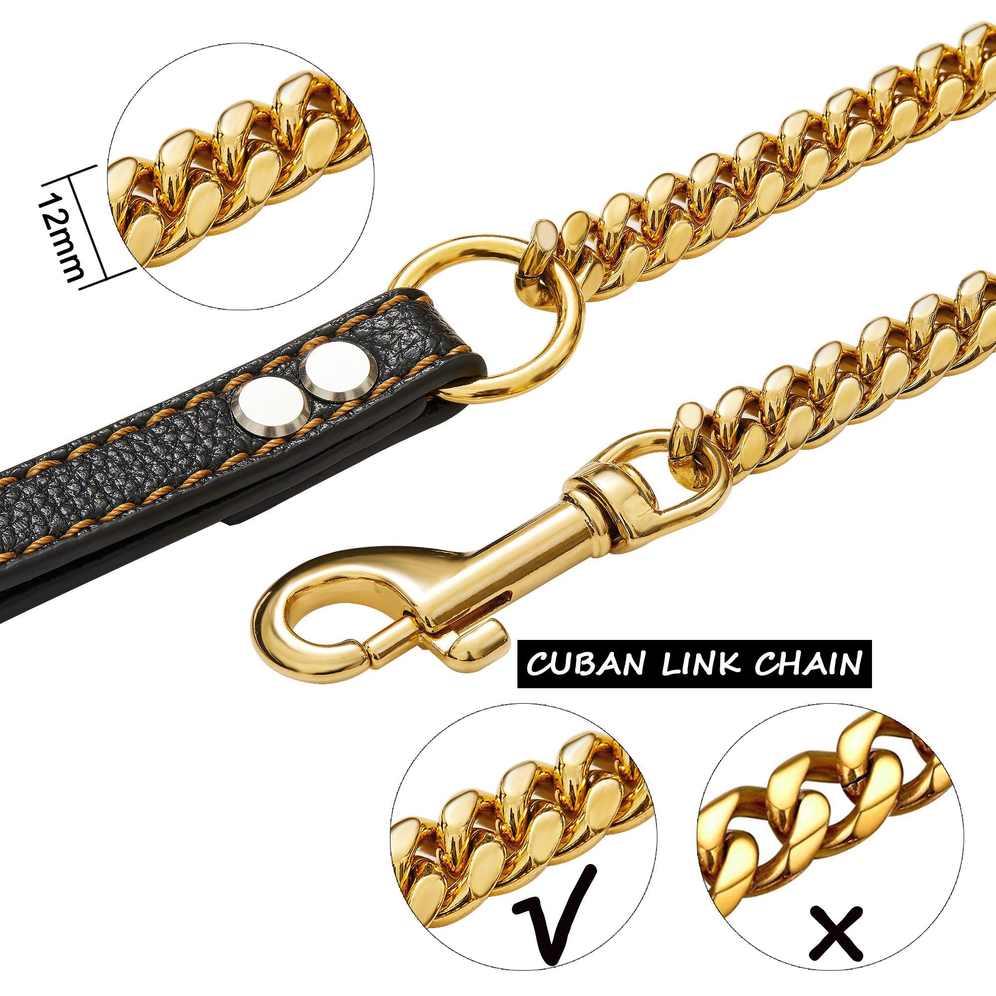 Pradog Chain Dog Leash Metal Chew Proof 12Mm Pet Leash Chain With Leather Padded Handle For Large Medium Small Dogs(Total Length Of 3Ft)