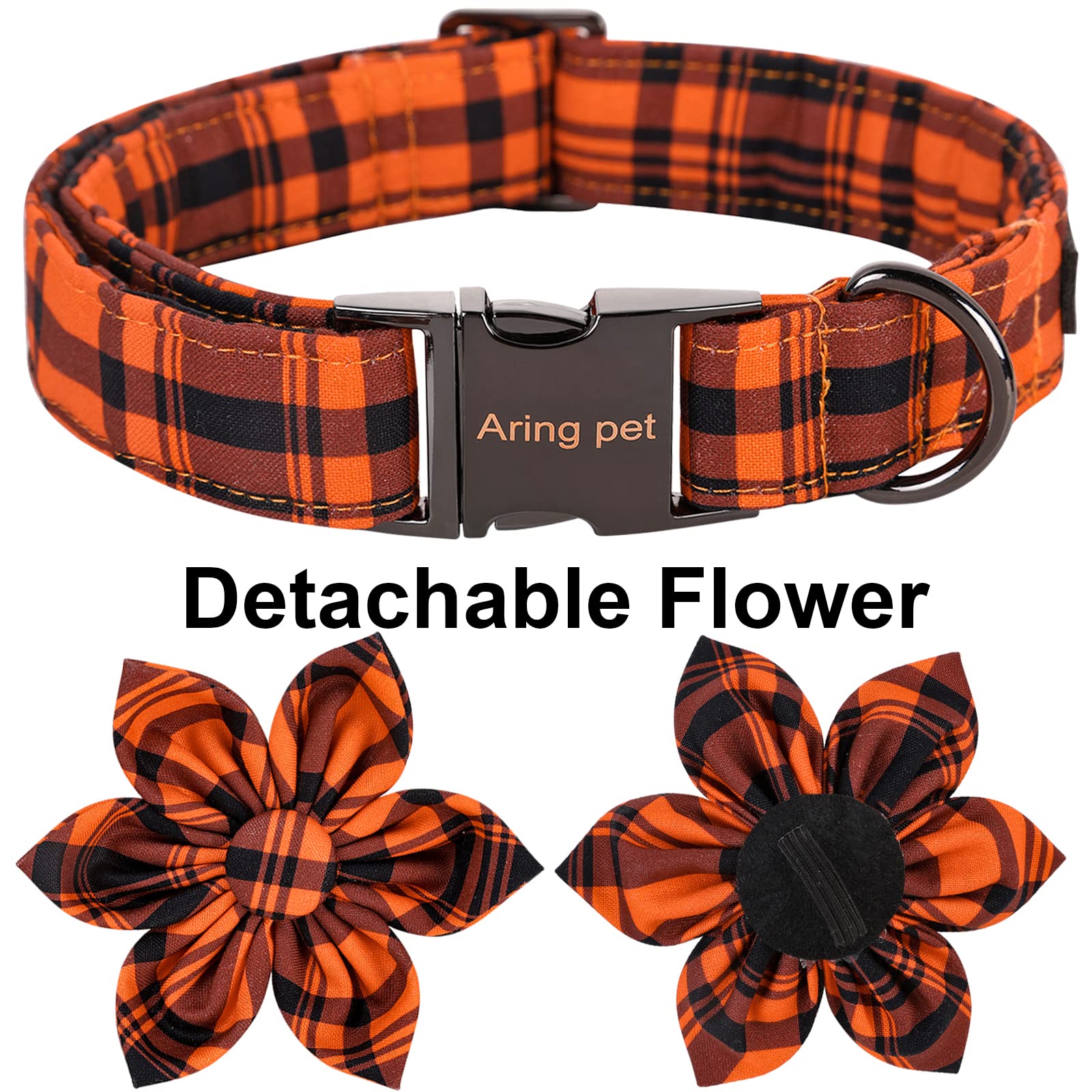 Aring Pet Dog Collar-Halloween Dog Collar With Flower, Adorable Boy And Girl Fall Orange Grid Dog Collars Gifts With Metal Buckl