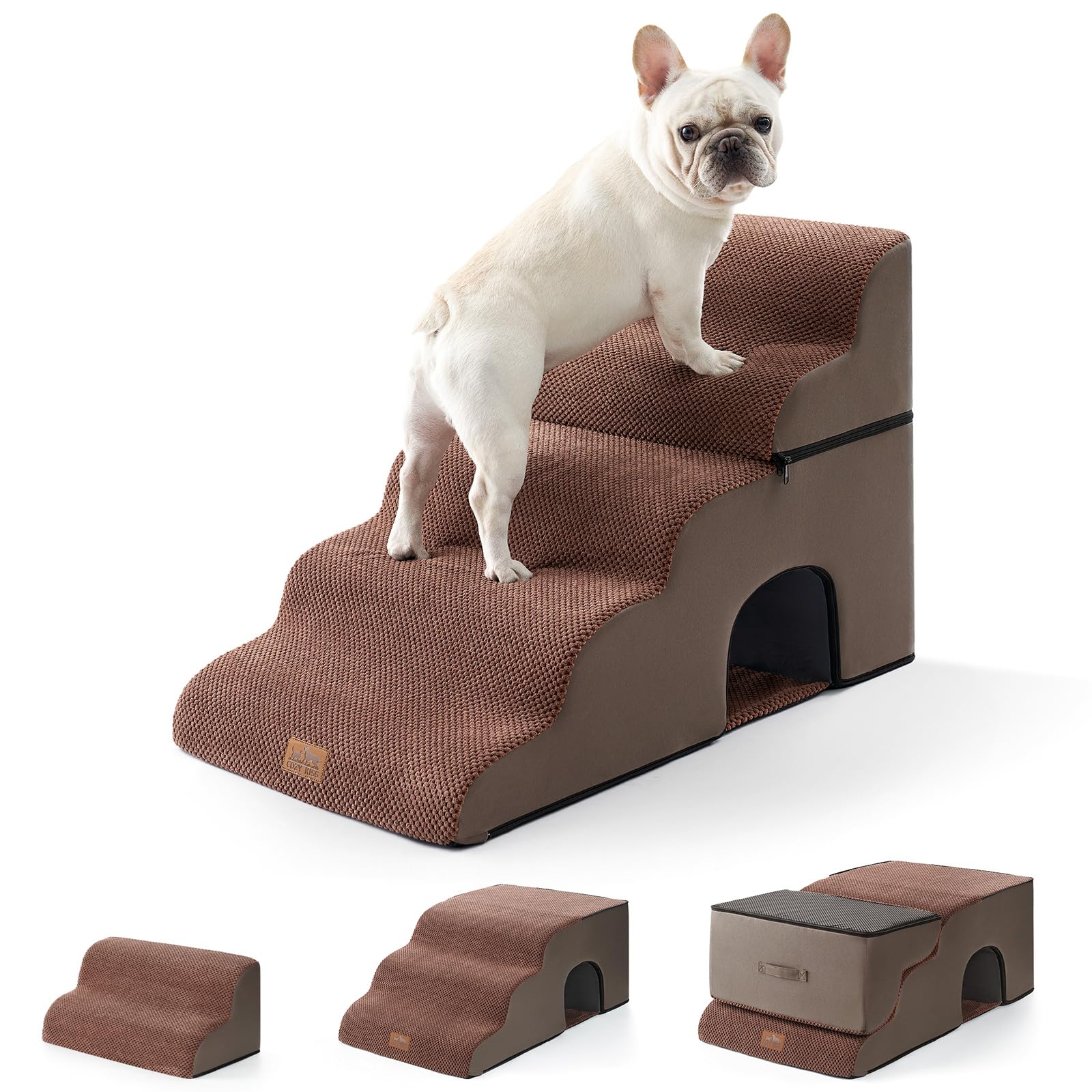 Cozy Kiss Wide Dog Stairs For Bed With Tunnel 19.7'' Width, Foam Detachable Large Dog Step For Small Dog, Puppy Or Cats, Medium 