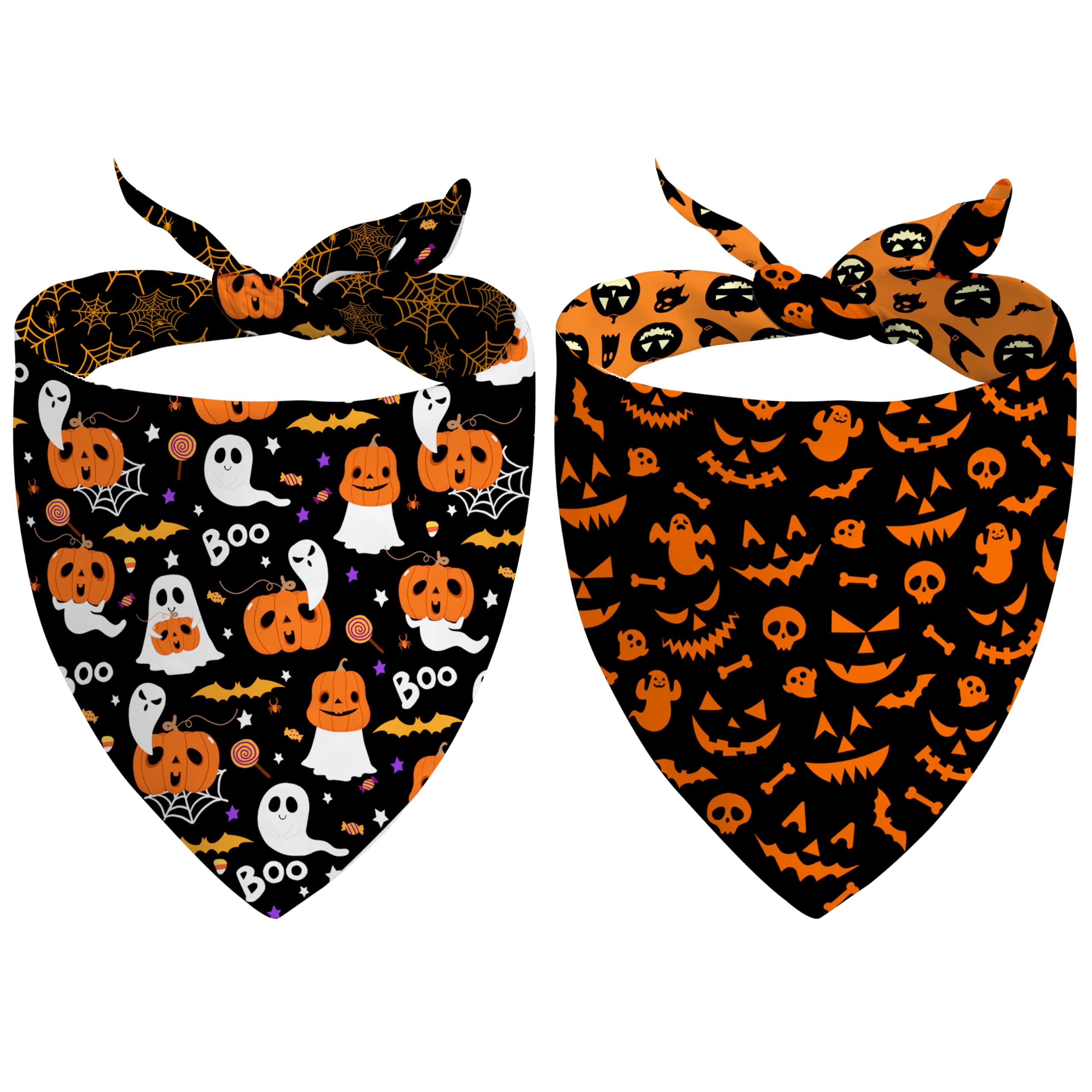Fall Halloween Dog Bandanas Reversible 2 Pack Black Pumpkin Ghost Spider Web Cute Pet Bandanas For Dogs Adjustable Triangle Holi