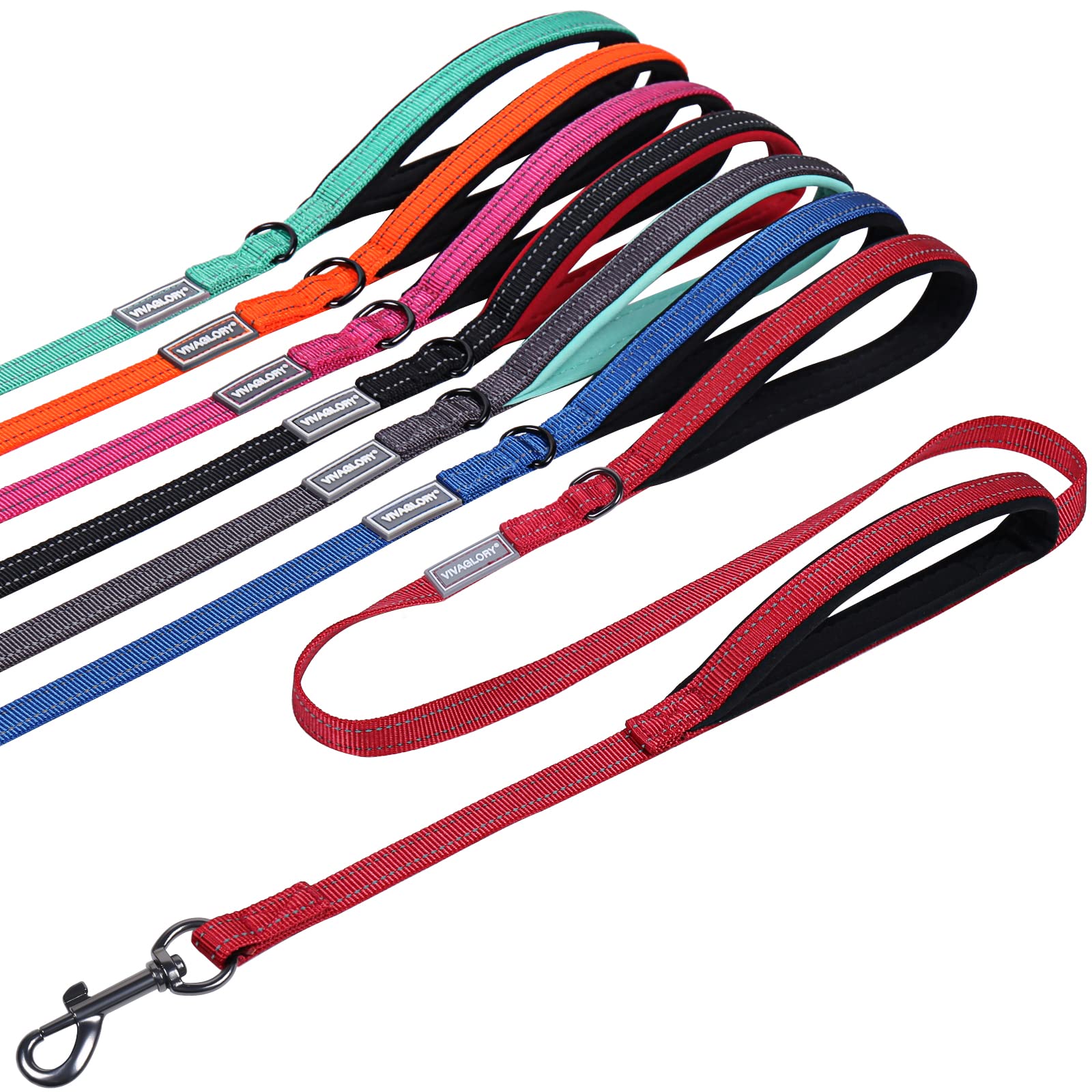 Vivaglory Traffic Handle Dog Leash, Two Padded Soft Handles Dog Leash, Strong Reflective & Metal Hook Training Dog Lead, Red
