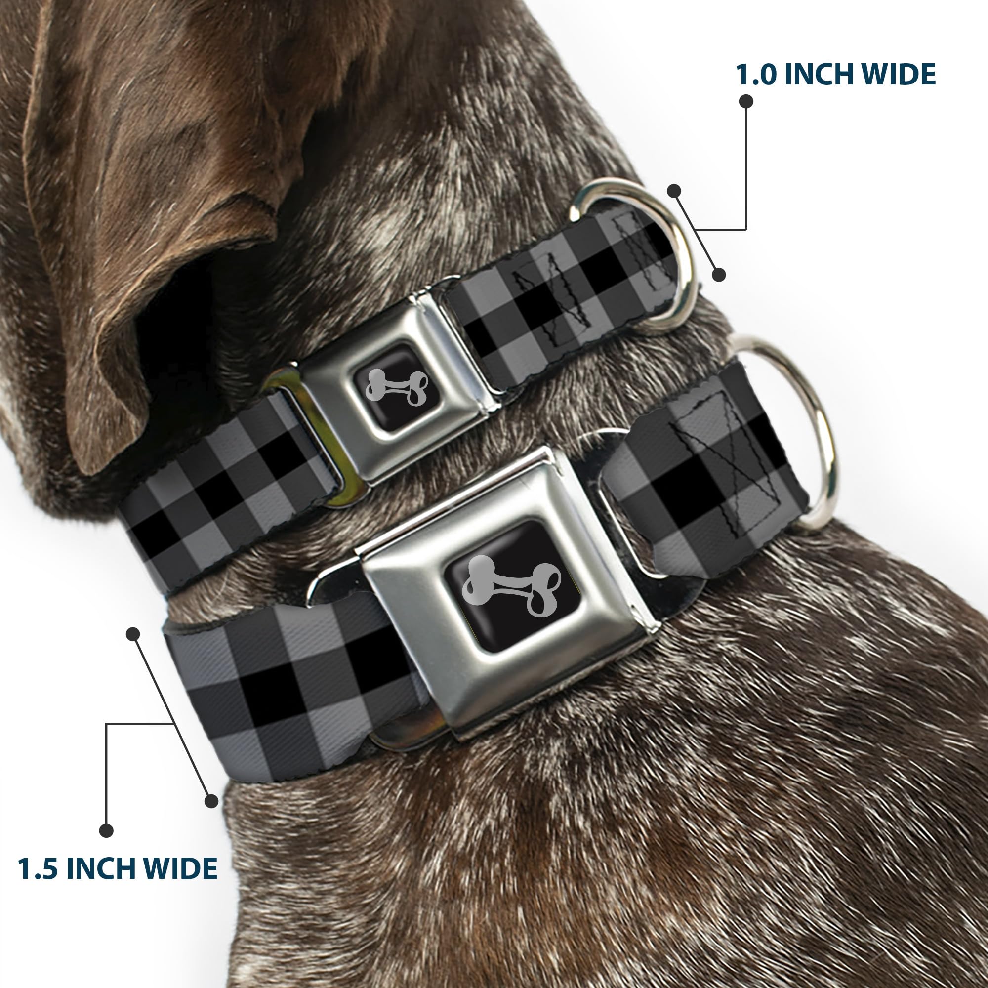 Dog Collar Seatbelt Buckle Buffalo Plaid Black Gray 18 To 32 Inches 1.5 Inch Wide