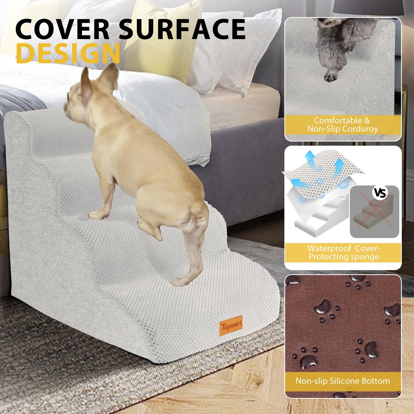 Dog Stairs For Small Dogs,4-Step,Foam Dog Steps&Ramps For Couch/High Beds With Waterproof &Removable Cover, Non-Slip, White