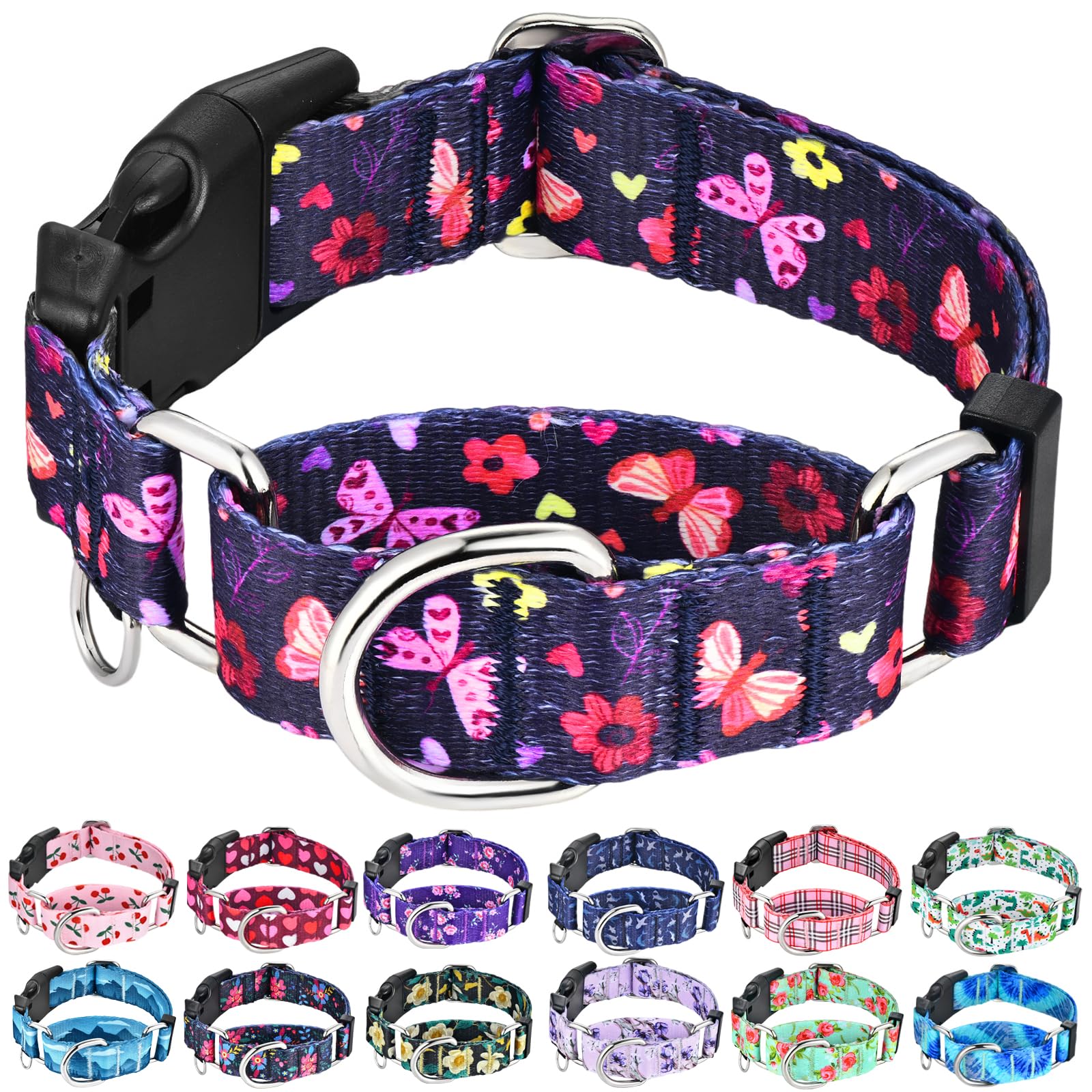 Fidohug Martingale Collar With Buckle Purple Nylon Adjustable Cute Girl Female Dog Collars (Butterfly Floral, Large)
