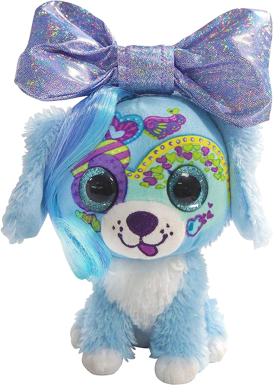 Little Bow Pets Stuffed Animals - Large Soft Fluffy Plush Blue Puppy Dog Heart Bow Pet With Purple Sparkle Surprise Bow - 2 Surprise Toys Inside Bow