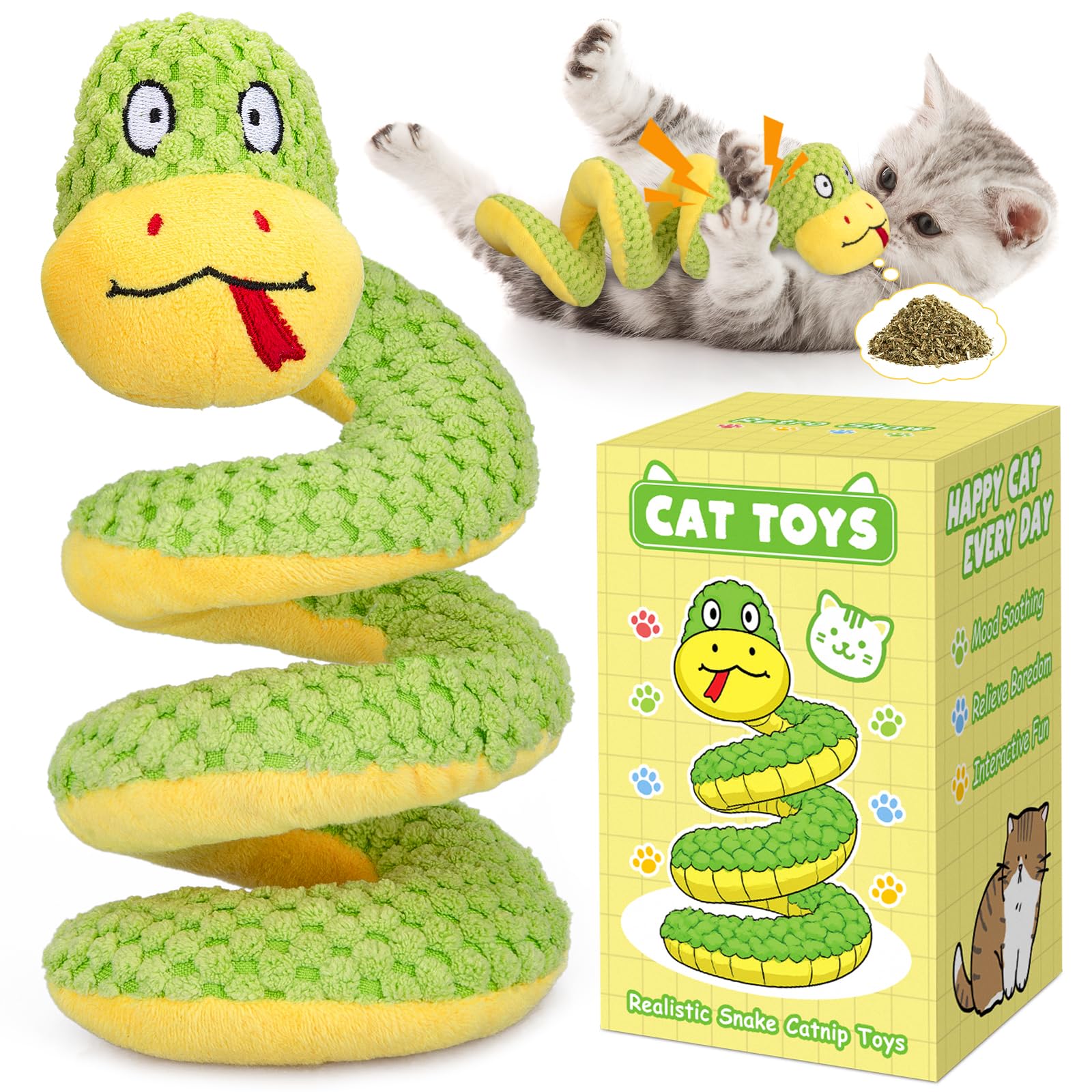 Retro Shaw Cat Toys, 11 in Realistic Catnip Snake Toy with Crinkle Sound Inside, Cat Nip Toys with SilverVine, Stuff Snake Inter