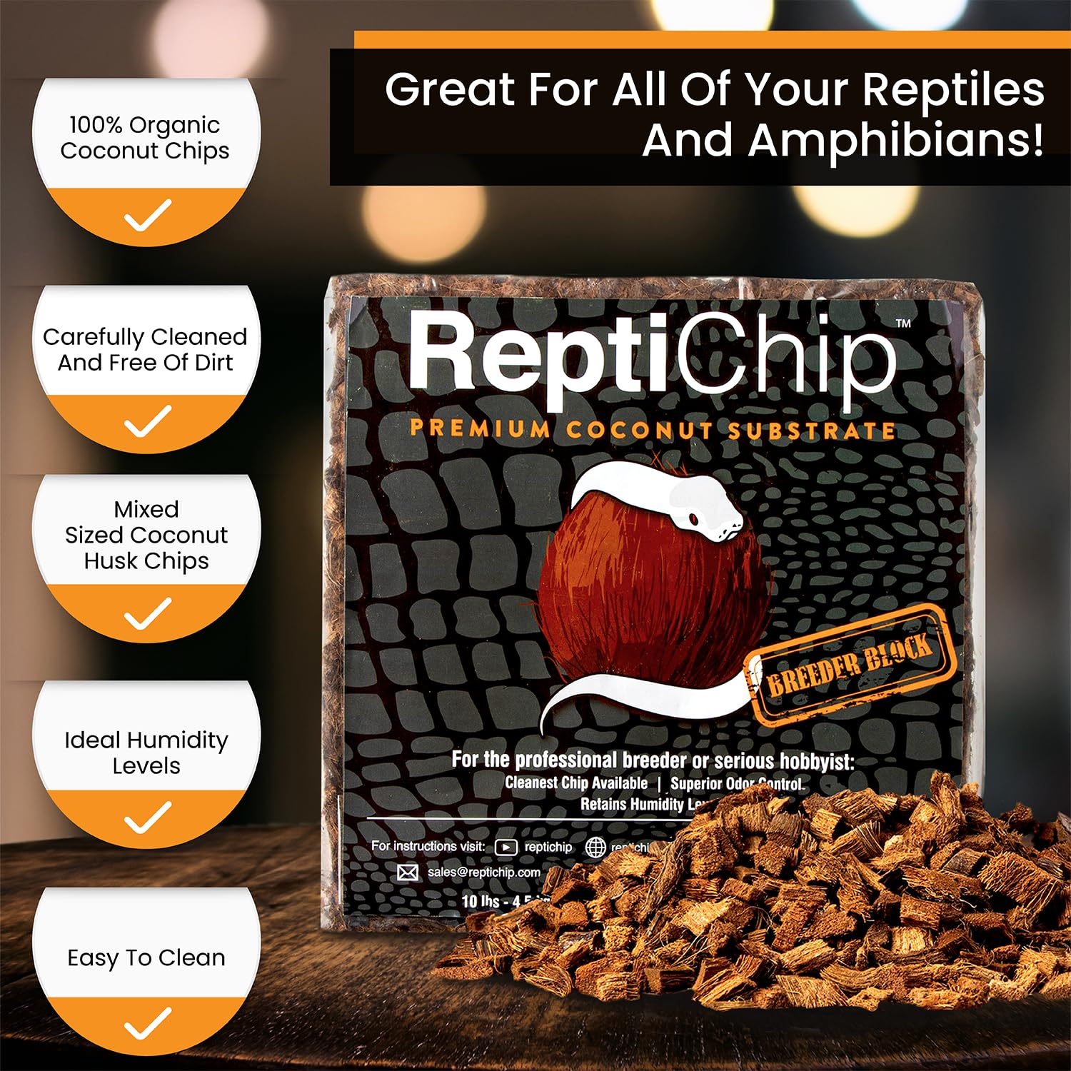 Reptichip Coconut Chip Bedding 72 Quart Block for Snakes, Turtles, Tortoises - Organic Coco Husk Substrate, Model f-606