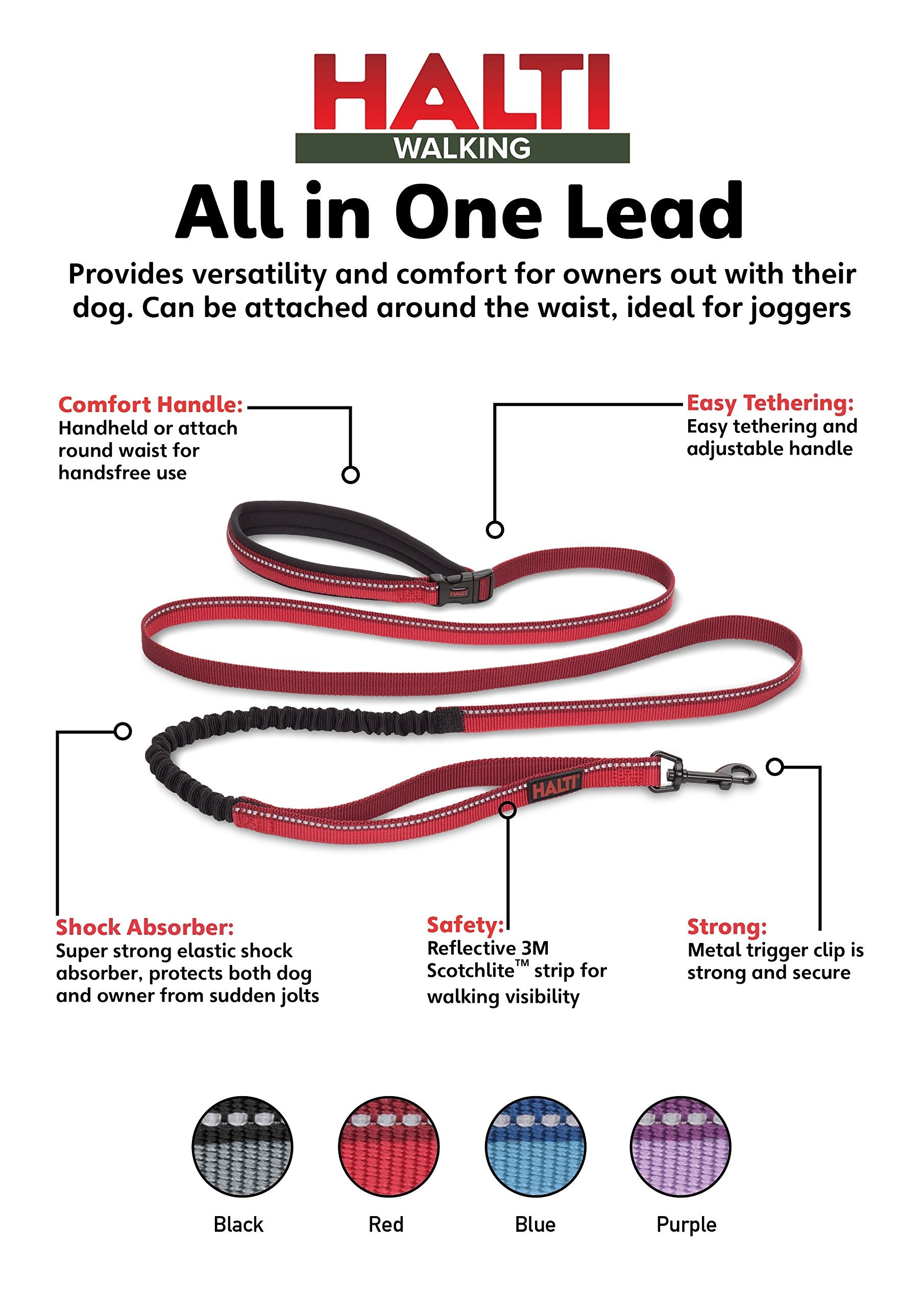 The Company of Animals HALTI Active Leash - Bungee Dog Leash, Shock-Absorbing, Neoprene Padded, Large, Red, Model HA034