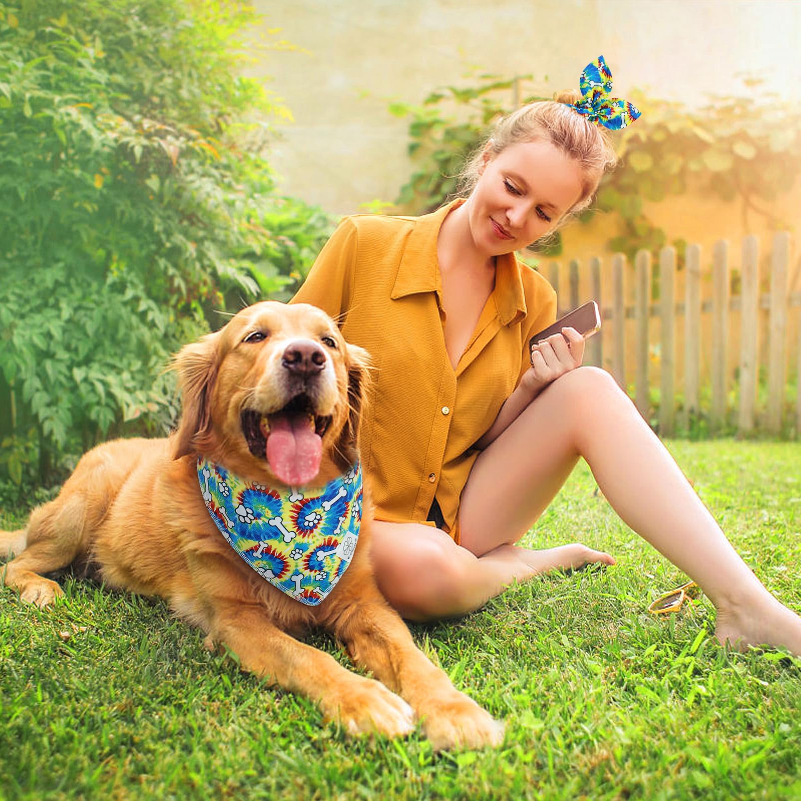 E-Clover Rainbow Dog Bandanas & Matching Scrunchie Set Girl Cute Pride Dog Scarf Bibs Pet Bandana With Bow Tie For Medium Large