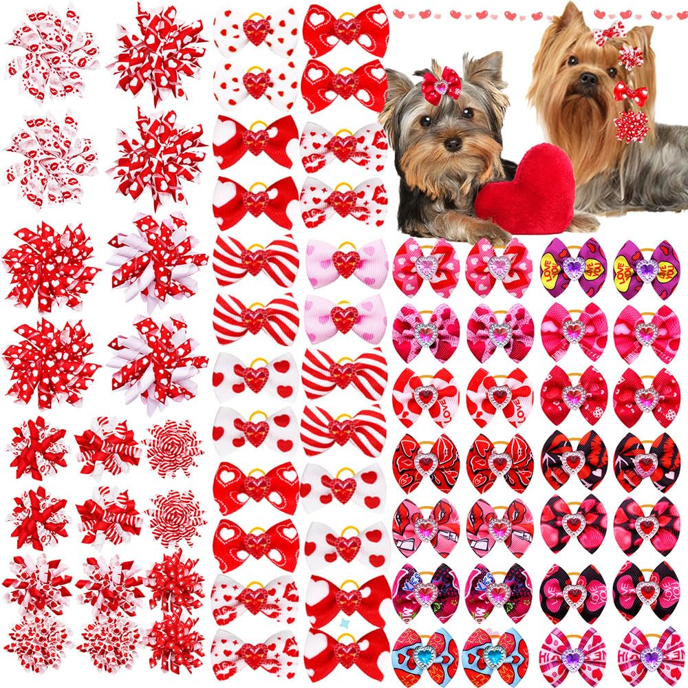 60Pcs Dog Bows With Rubber Bands Love Heart Dog Bowknot Hair Bows Red Pink Puppytopknot Bows For Day Doggie Cat Bunny Yorkie Pet