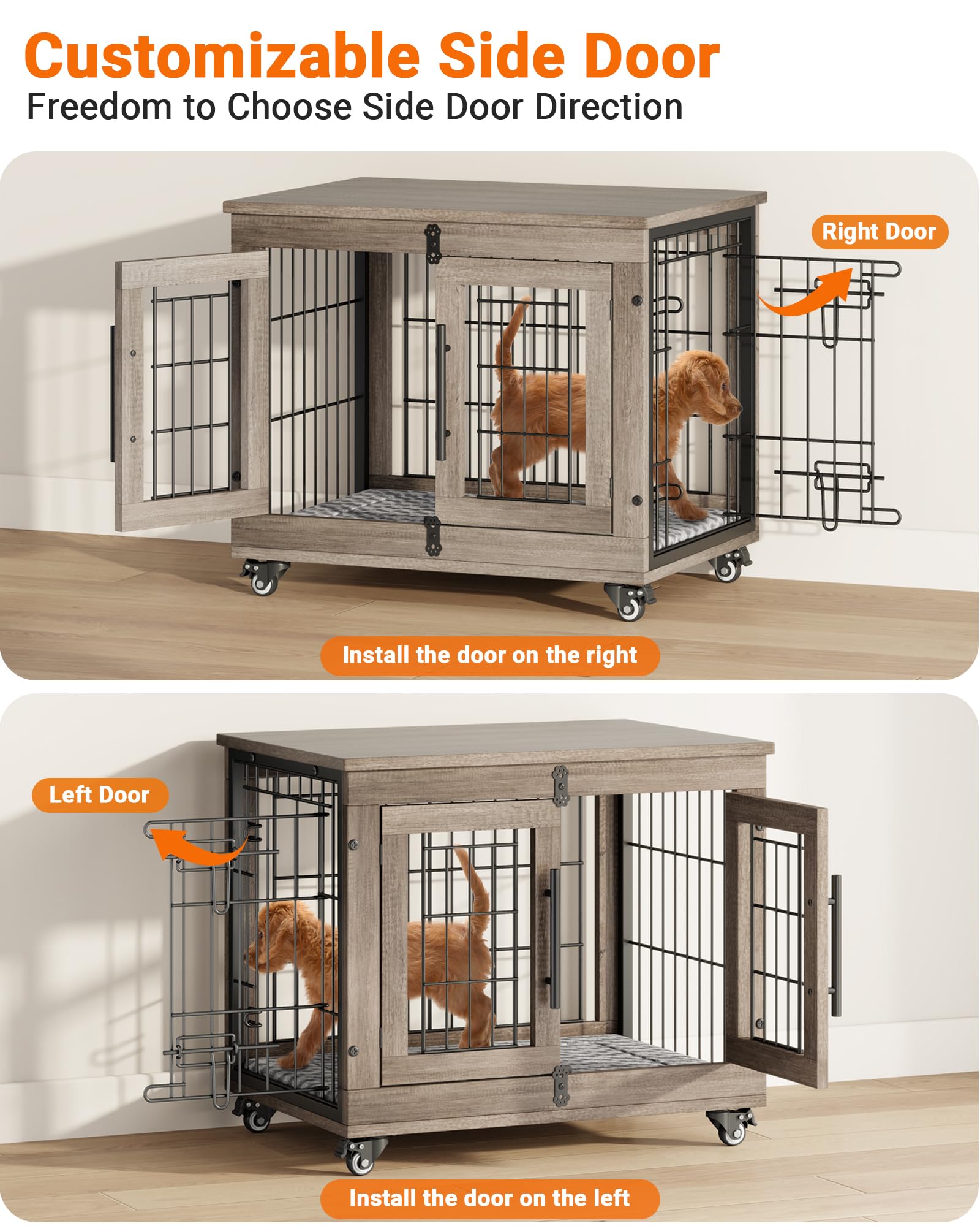 YaFiti Dog Crate Furniture with Cushion, Wooden Dog Kennel Indoor with Double Doors, Dog Cage with Wheels, Dog House Side End Ta
