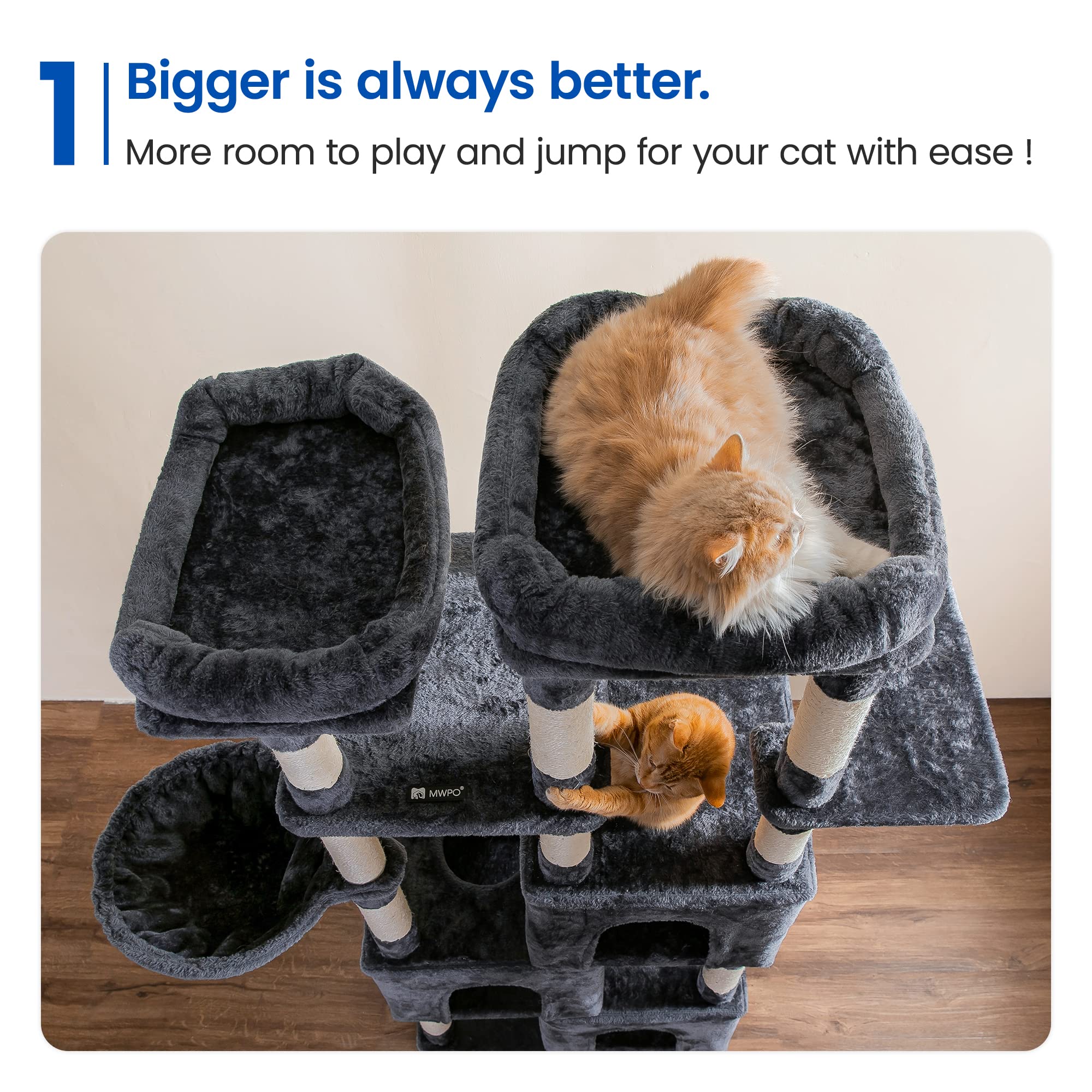 MWPO Extra Large Cat Tree - 70.1" Tall Cat Tower with 3 Condos, Scratching Posts, Plush Fabric, Smoky Grey, Model US-B840C
