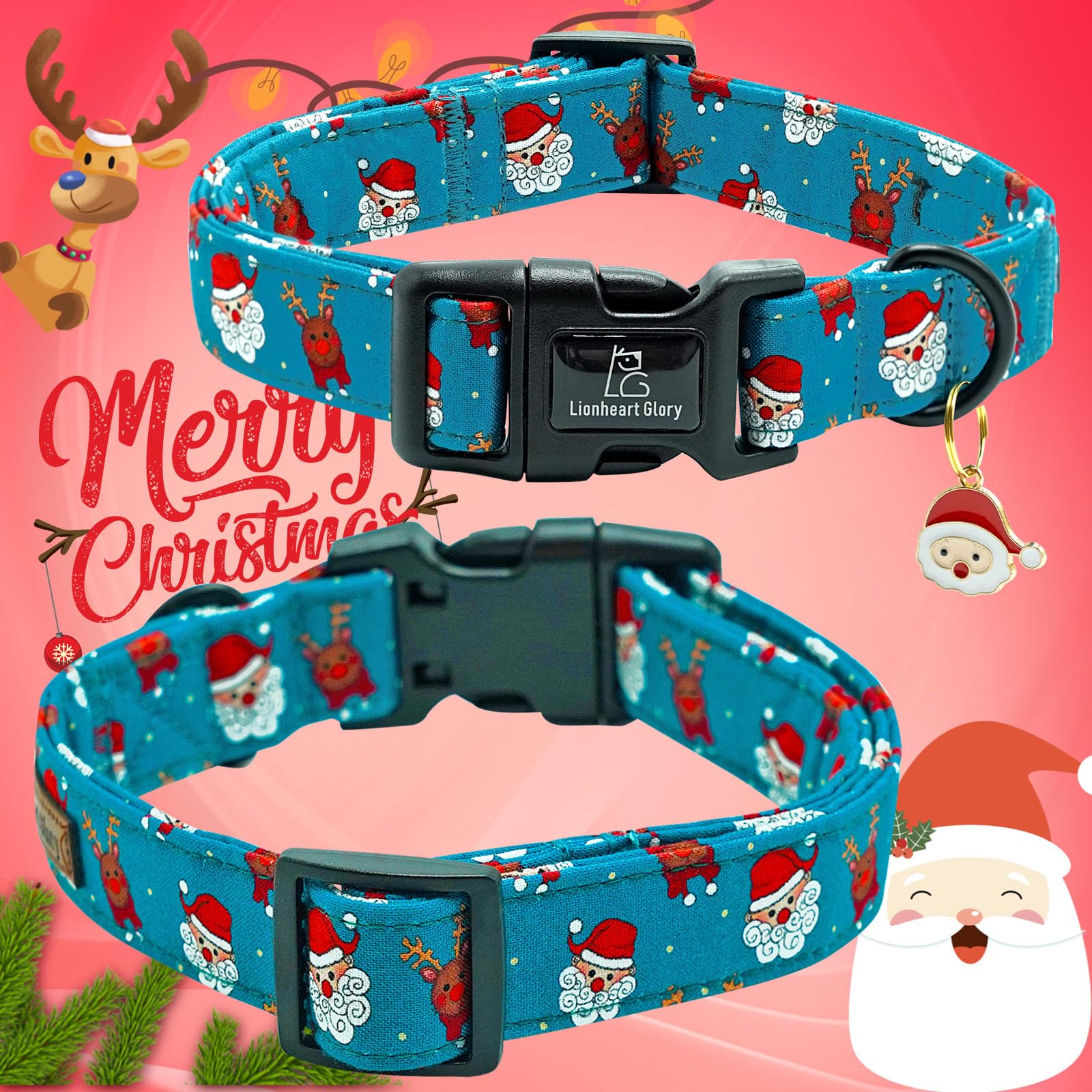 Lionheart Glory Christmas Dog Collar, Blue Christmas Santa Deer Dogs Collar Adjustable Soft Comfortable Collars For Small Dogs G
