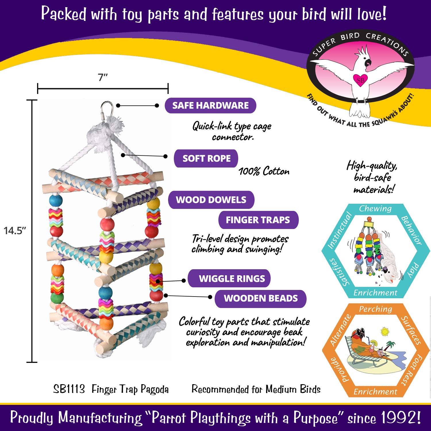 Super Bird Creations Sb51113 Finger Trap Pagoda Bird Toy - Satisfies Chewing For Canary Finch Parrotlets Cockatiels - Vibrant De