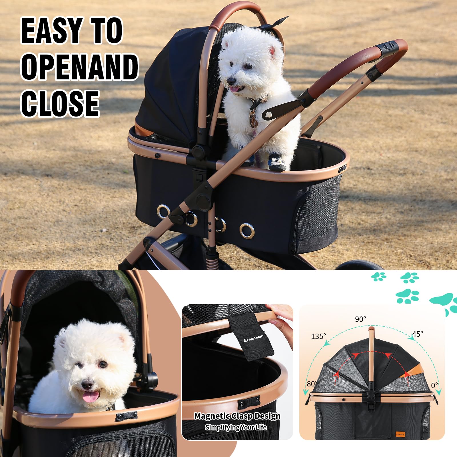 Echosmile 4 In 1 Pet Stroller, Folding Lightweight Cat & Dog Stroller With Detachable Carrier, No-Zip 180 Reversible Canopy, All