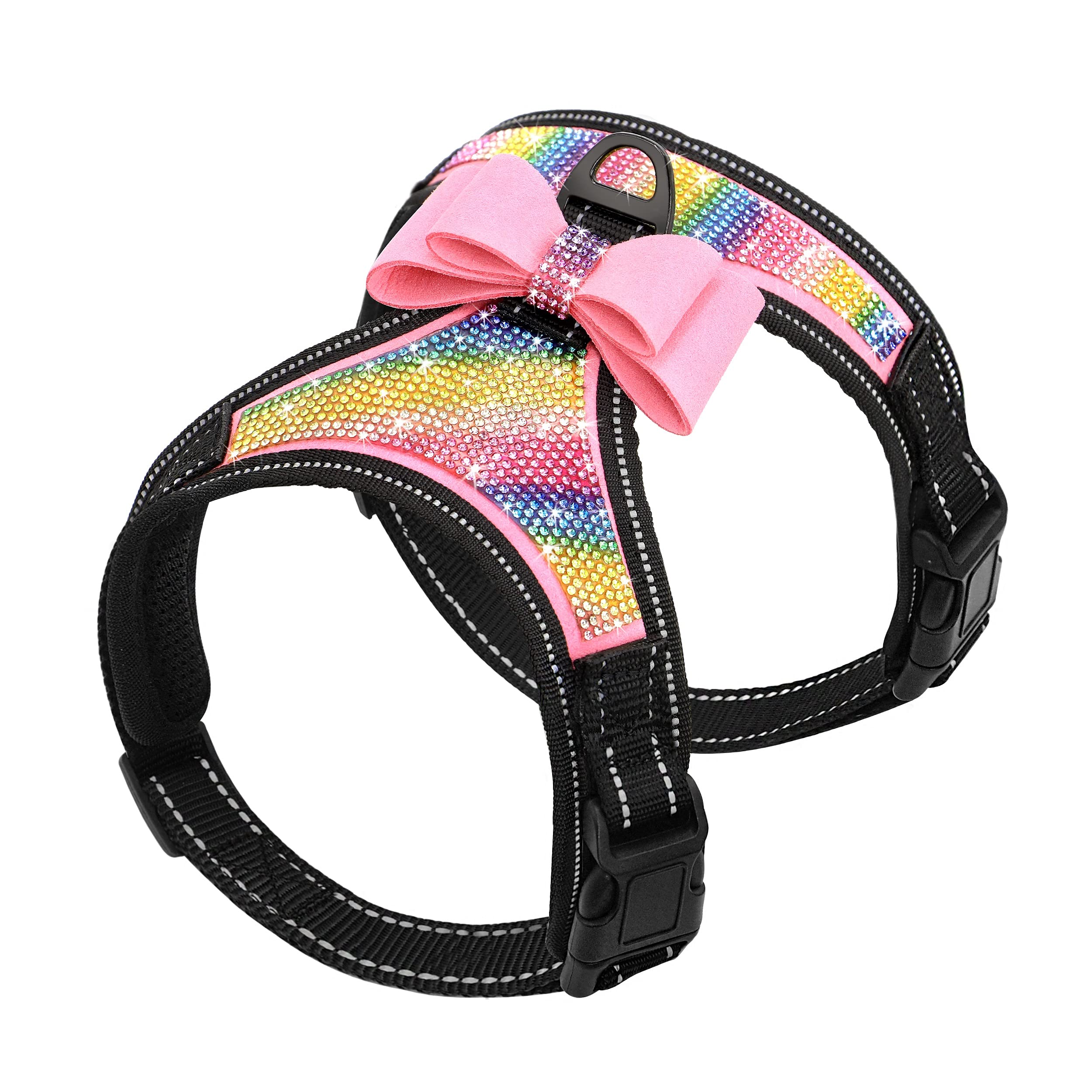 Beirui Rhinestone Dog Harness - Reflective Bling Nylon Dog Vest With Sparkly Bow Tie For Small Medium Large Dogs Walking,Wedding And Party,Pink Colored Rhinestones,L