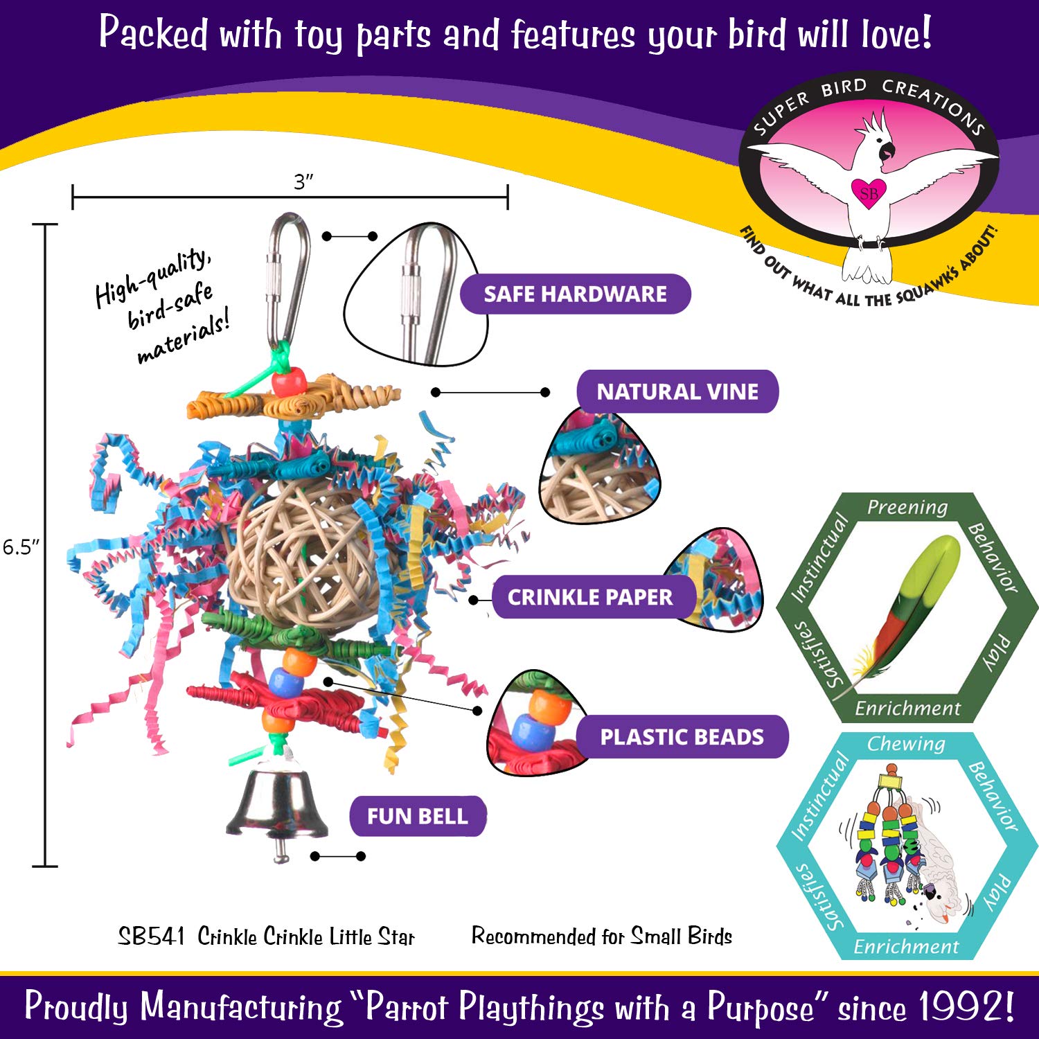 Super Bird Creations Sb541 Crinkle Crinkle Little Star Bird Toy - Small Bird Size, Parrotlets, Cockatiels, Lovebirds - Foraging & Chew Toy - Stimulating Bird Toy For Enrichment - 6' X 2'