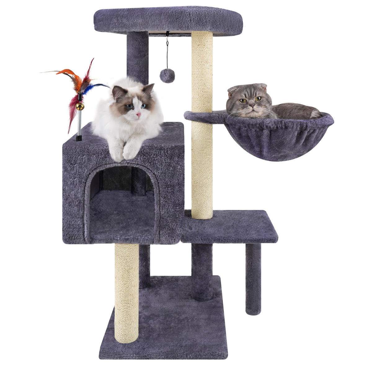 Aiwikide Multifunction Cat Tree Has Cozy Hammock & Hanging Ball, Cat Tower With Activity Centre Furniture & Jute-Covered Scratch