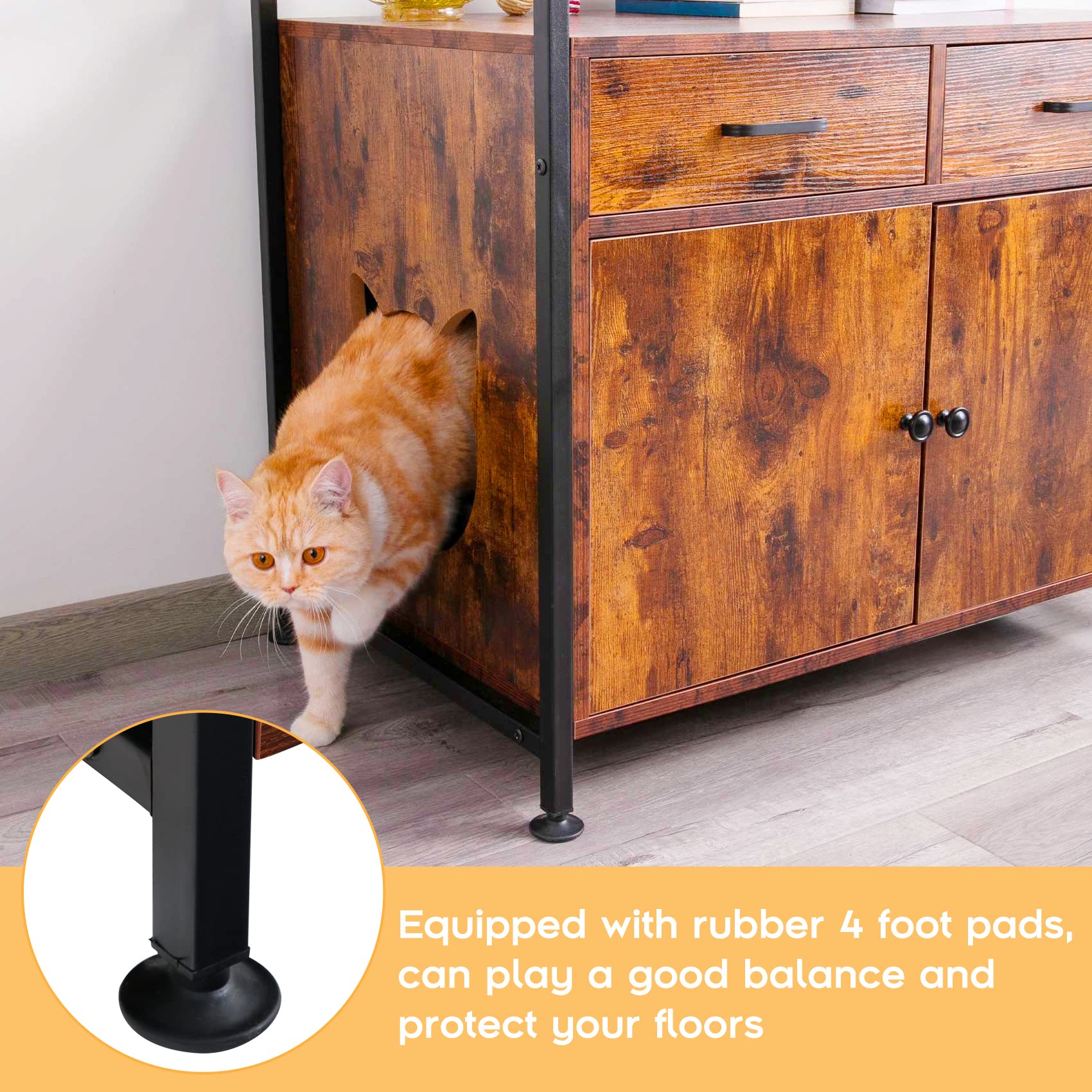 Tengchang Large Cat Litter Box Enclosure Cabinet, Hidden Cat Washroom House Box Pet Cates With Double Drawers & Doors