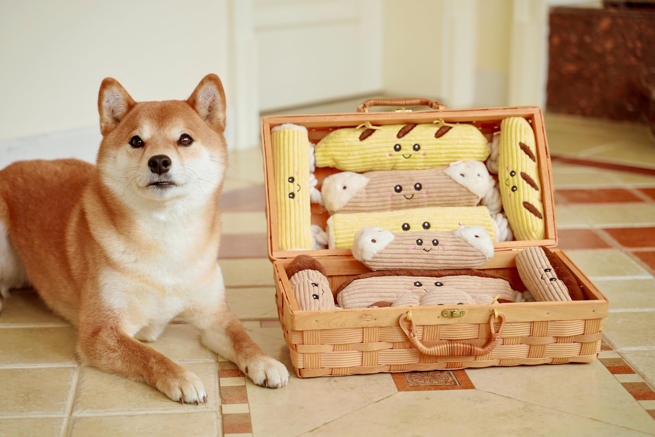 Puffy Crew Squeaky Dog Plush Toy, Bakery Bite_Stick Collection, 12, for Various Sized Dogs (Cannoli, Large)