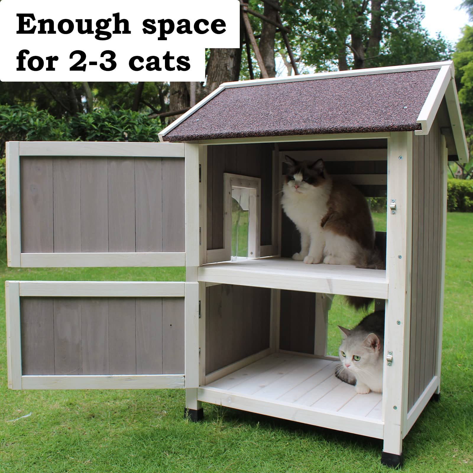 Feral Cat Shelter Outdoor With Escape Door Rainproof Outside Cat House Two Story For Three-Four Cats Color Wine Red