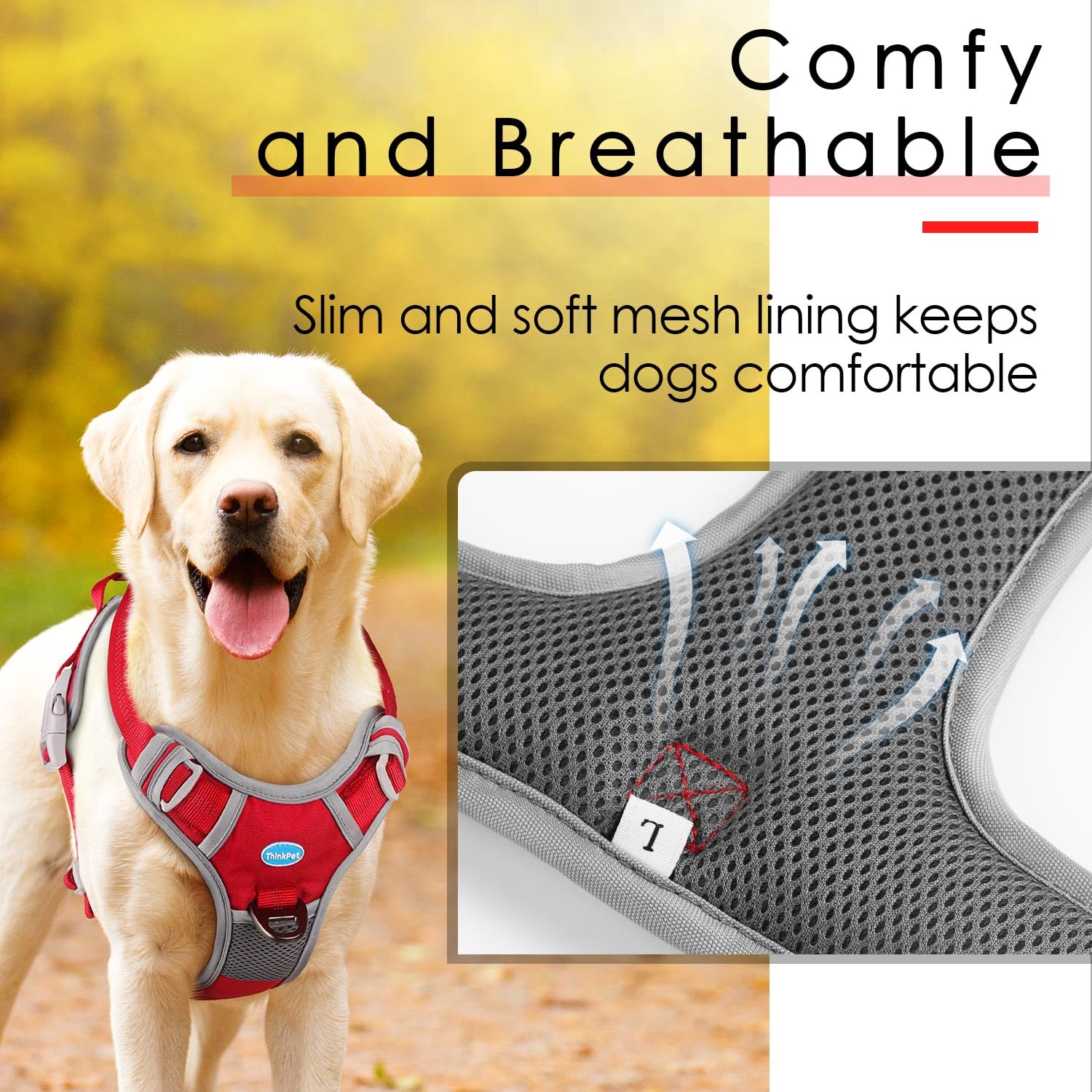 Thinkpet No Pull Harness Breathable Sport Harness With Handle - Reflective Padded Dog Safety Vest With Reflective Neon Dog Leash M Harness Leash Pack Red