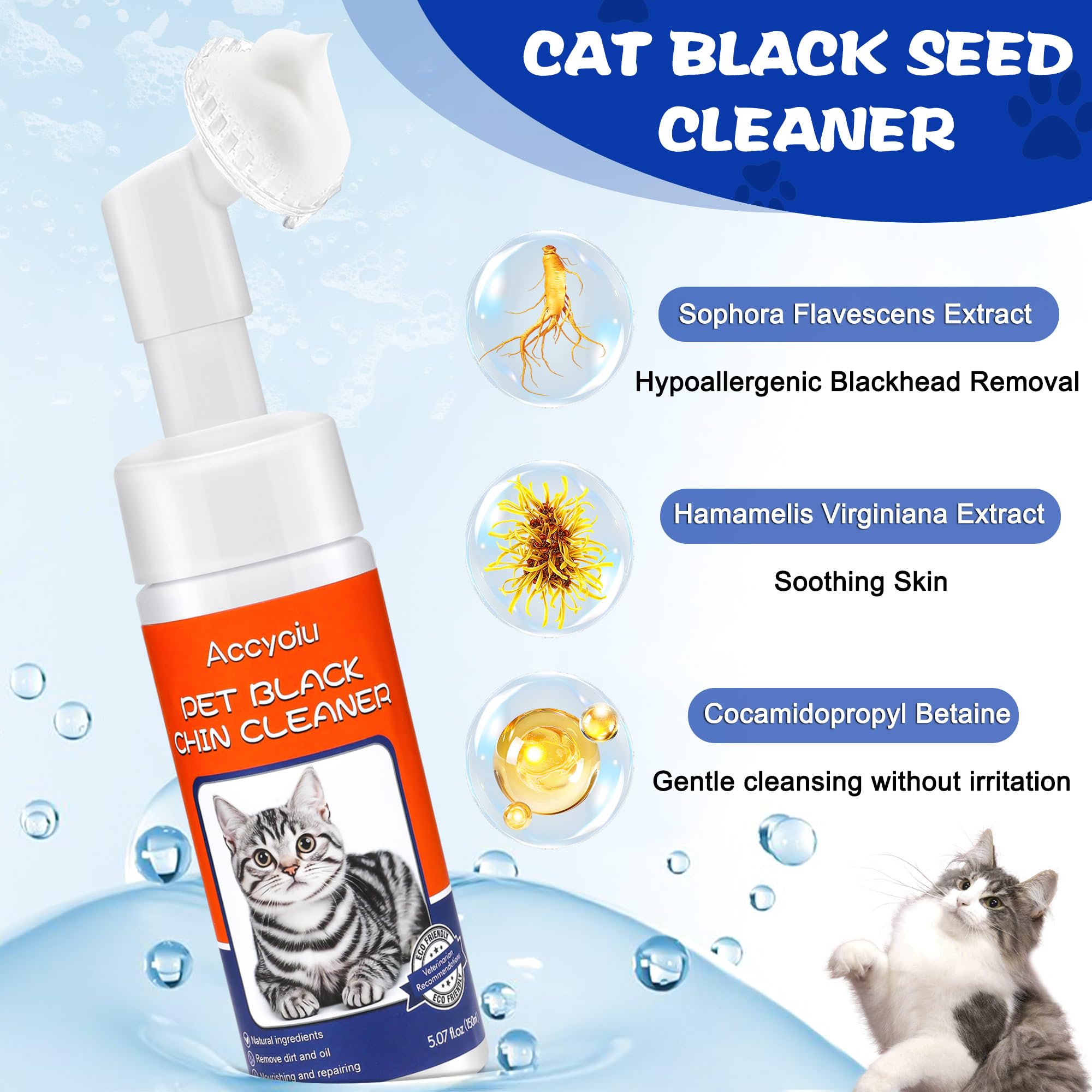 Accyoiu Cat Acne Chin Treatment, Cat Black Seed Cleaner, Improved Skin Health & Black Seeds Removal, 2-In-1 Wash & Brush, Sooth