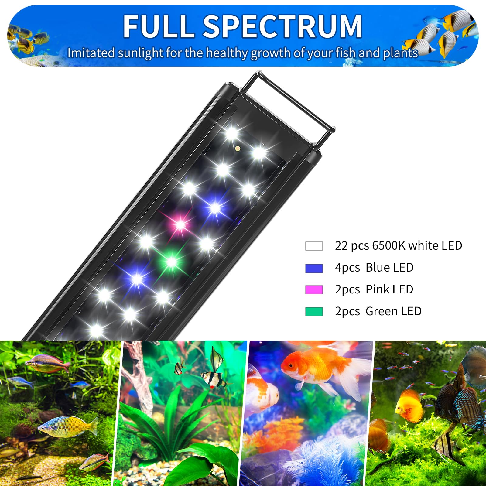 Aquaneat Led Aquarium Light Full Spectrum For 12 Inch To 16 Inch Fish Tank Light Fresh Water Light Multi-Color