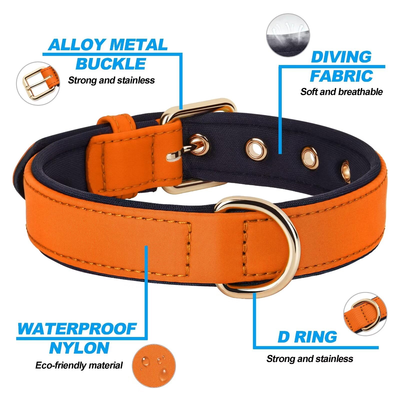 Didog Soft Padded Dog Collars For Medium Dogs, Lightweight And Breathable Dog Collar Waterproof With Metal Buckle, Orange, L