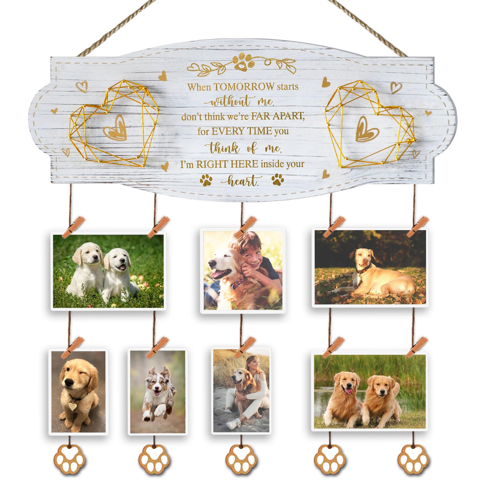 Exquideca White Golden Memorial Picture Collage Board With Clips Twine And Paw Pendant - Bereavement Sympathy Grieving Gifts For