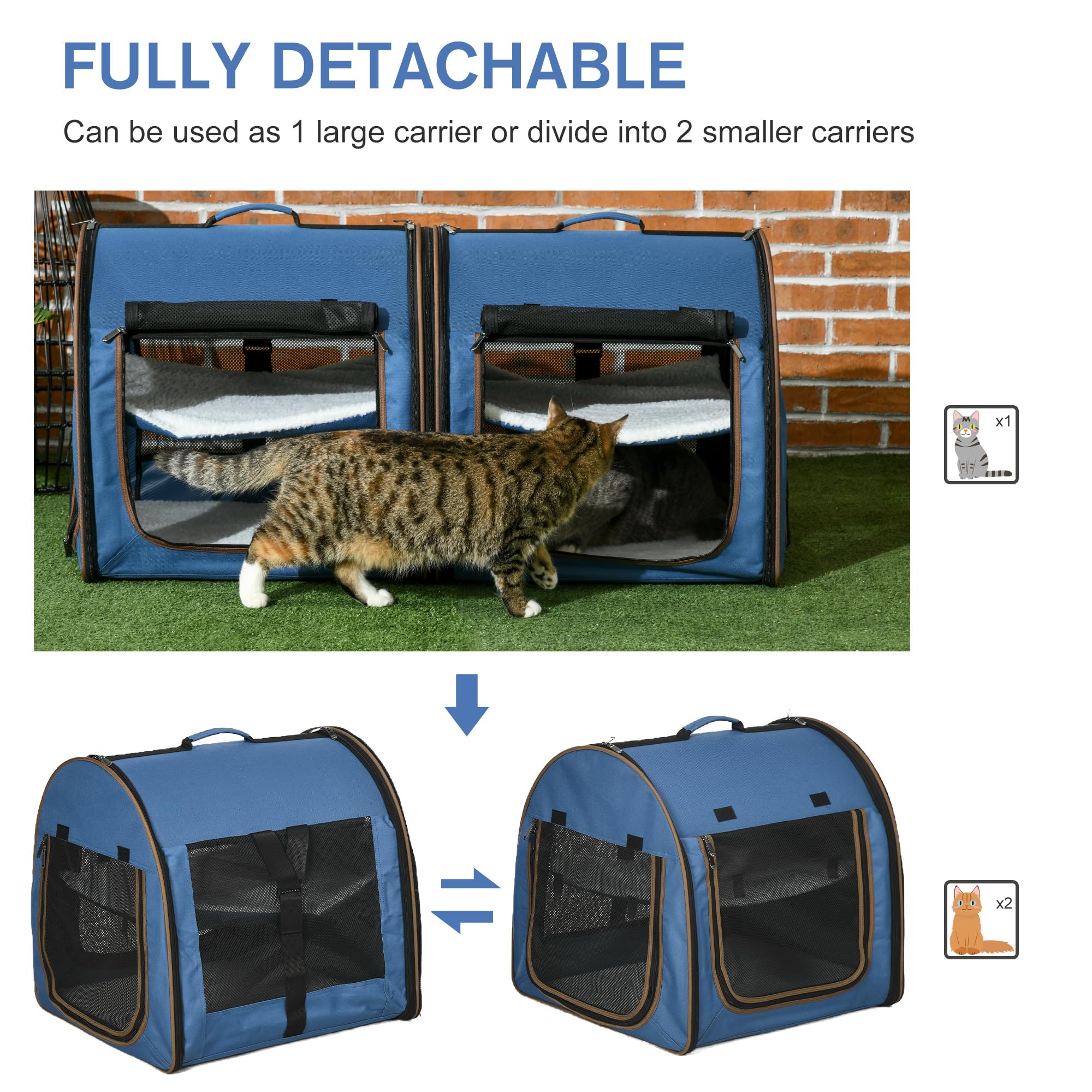 Pawhut 39' Portable Soft-Sided Cat Carrier, Travel Pet Carrier With Divider, Two Compartments, Soft Cushions, & Storage Bag, Blue
